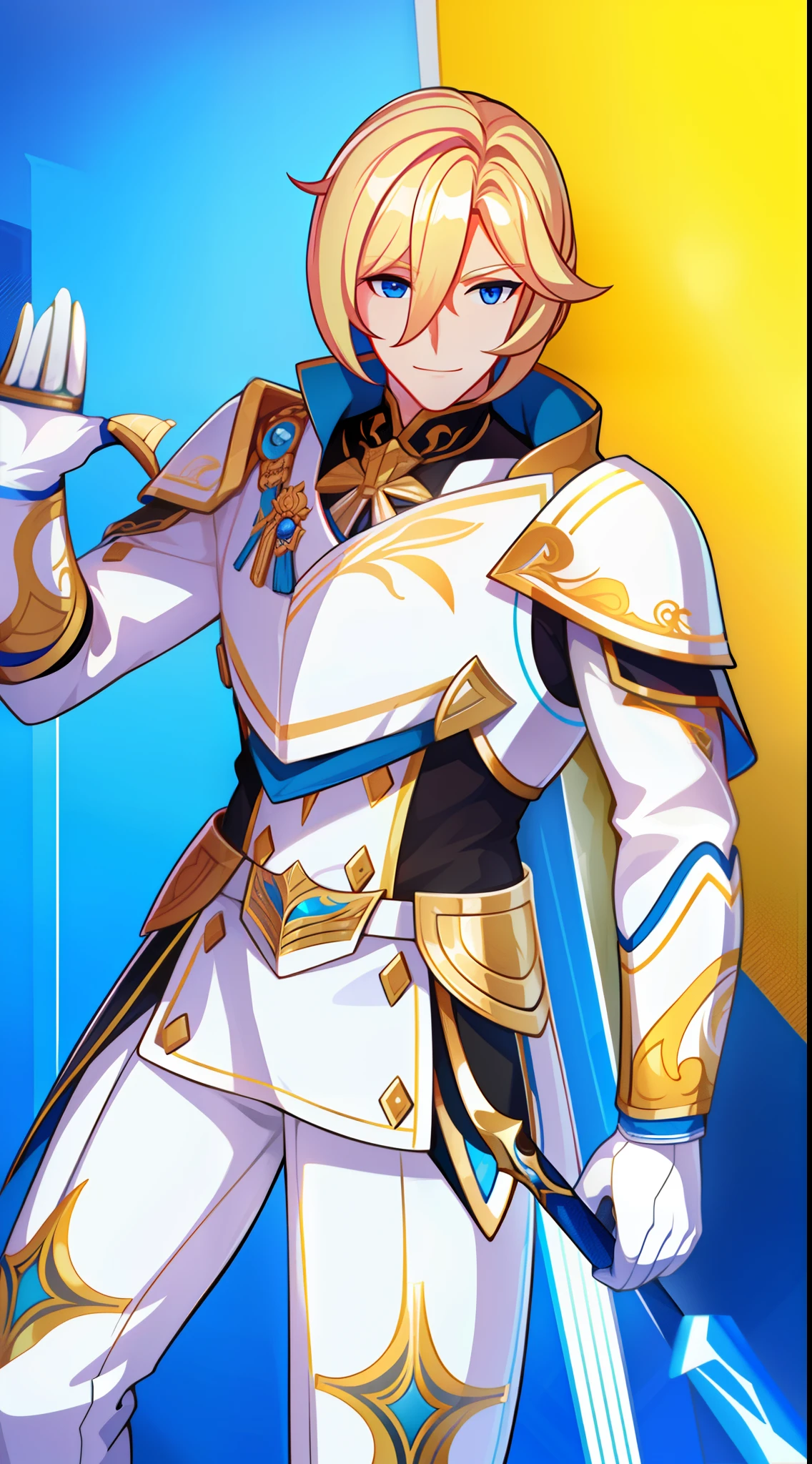 adult man, Blonde hair in a bob, blue eyes, Smile, Beautiful white armor with gold elements, paladin, hammer, shield, Masterpiece, hiquality, 4k, HD, Good detail