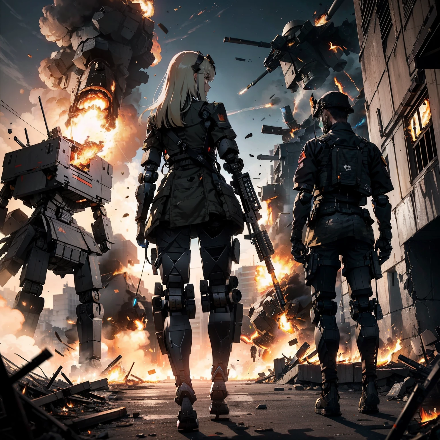 (assault rifle:1.4)、(((Fire assault rifles to destroy military robots:1.4)))、(1 Female soldier with a healthy body)、独奏:1.4、(Black combat uniform)、(platinum-blonde-hair:1.2)、Have multiple weapons、rubble、((超A high resolution))、Detail Write、masterpiece、top-quality、extremely details CG、Image quality in 8K、Cinematographic lighting、lensflare、(Night combat)、((In Building))、Hyper-detailing、The wreckage of military robots、cowboy shot:1.4、From diagonally behind、From above 、(HK416)、Looks Back