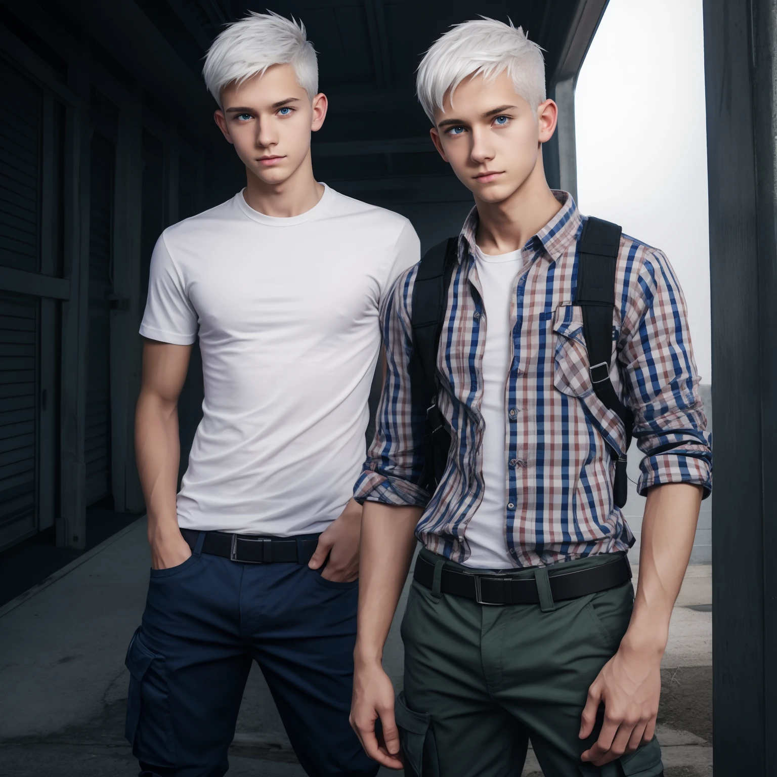 male posing, downed cargo pants, skinny body, atmospheric, cute face, white hair, dead inside, plaid shirt, shy