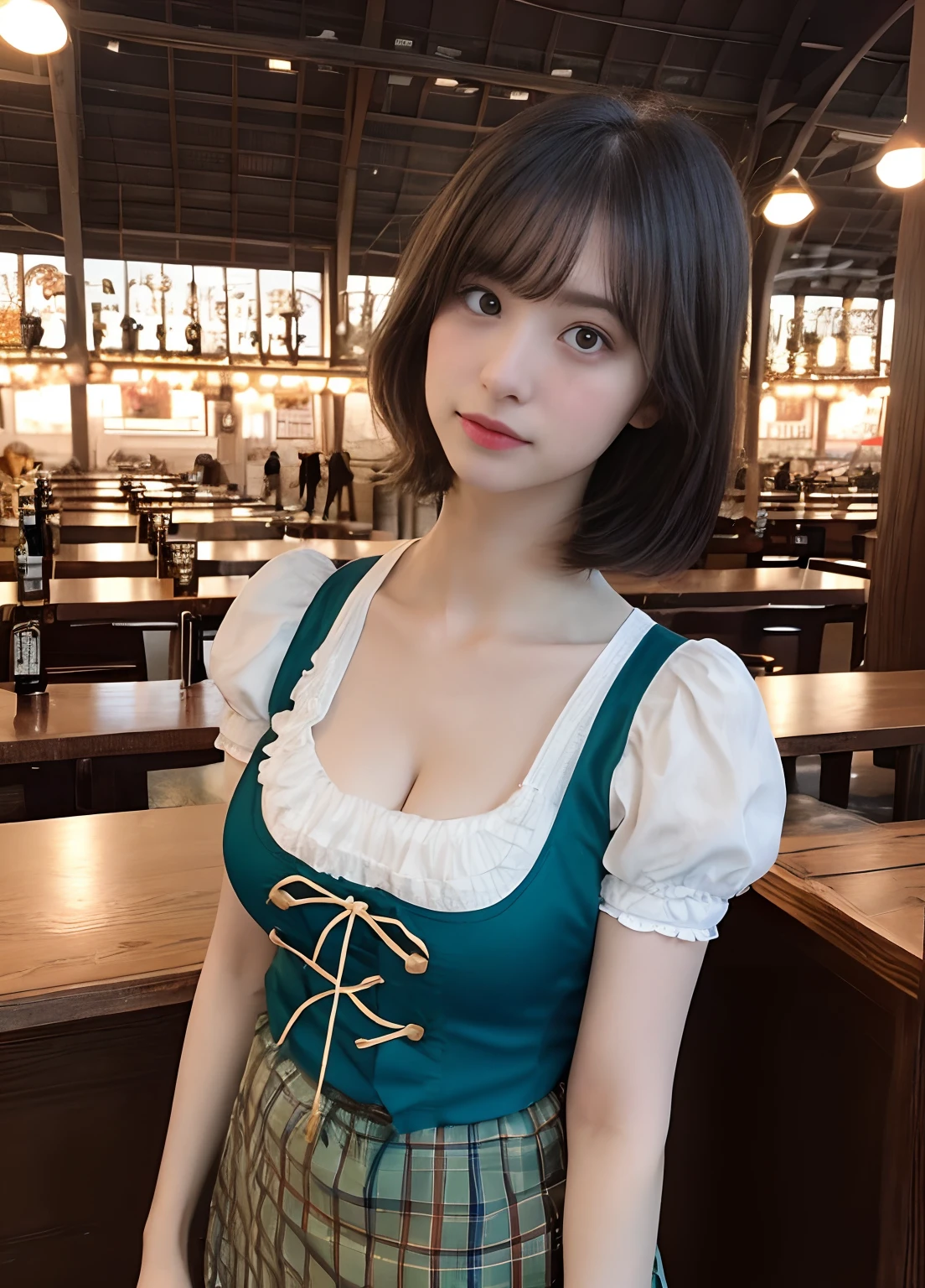 (delicate illustration:1.3),(masterpiece:1.0), (best quality:1.4), (ultra highres:1.2), (photorealistic:1.5), (cinematic),high contrast, bokeh, (hdr:1.4), dramatic lighting, sidelighting, (8k, RAW photo:1.2), (sharp focus:1.3), (((full body))),(film gain:0.9), (vhsbvideo:0.8), (analog film photography:0.8), lomography, HOLGA, HOLGA DIGITAL, BANZART ZIEGEL, Lomo LC-A 120, EKTACHROME E100,view from side,
break,
(23yo:1.4),(((1girl , bustling beer half))),(wearing detailed dirndl, apron :1.3),((brown contacts, sweaty colored skin)) ,huge breast, cleavage, open mouth, bangs:1.5,airly wavy short bob cut, messy hair,woman, socks, pumps, 
break,
((background is detailed beer hall in oktoberfest, crouded, autumn)),round face, (baby face),no-makeup,beautiful detailed eyes, tareme, (small eyes),thin_eyebrows,(face focus), slim, slender waist, thin leg, converse sneakers,  (japanese famous actress),(cute), (beautiful),eye bags,