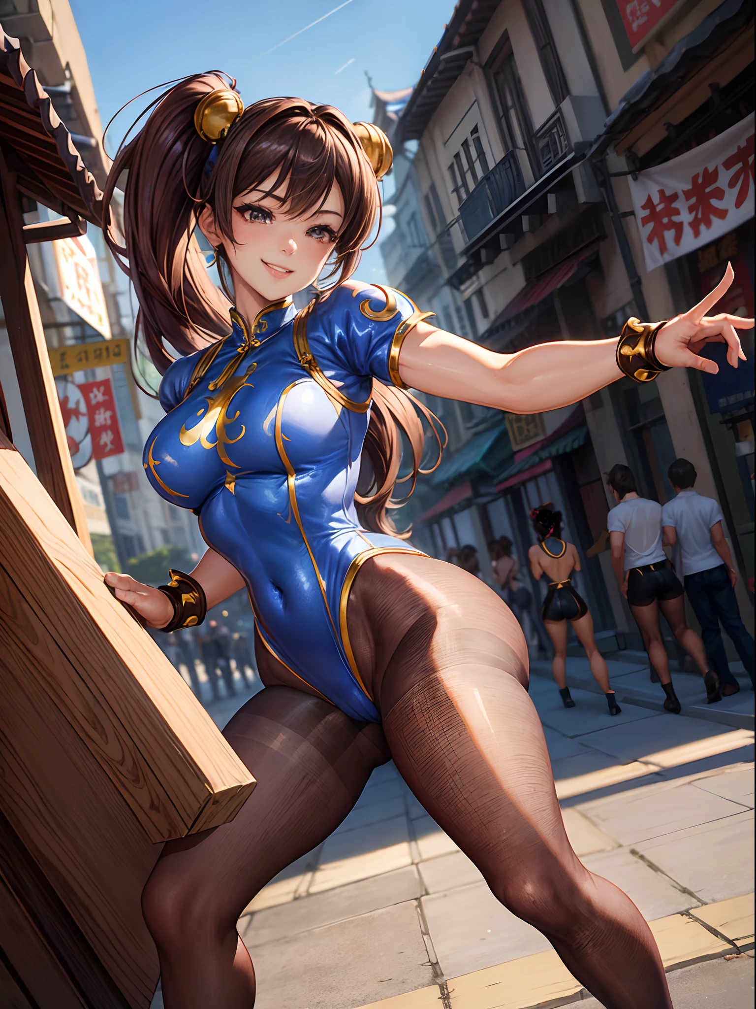 top-quality、Full limbs、complete fingers、Slender beauty、poneyTail、Medium hair、Brown hair、((Chun-Li blue china leotard))、((Brown pantyhose))、Beautiful Large Breasts、Chinatown、is standing、Highkick、sexypose、A big smile