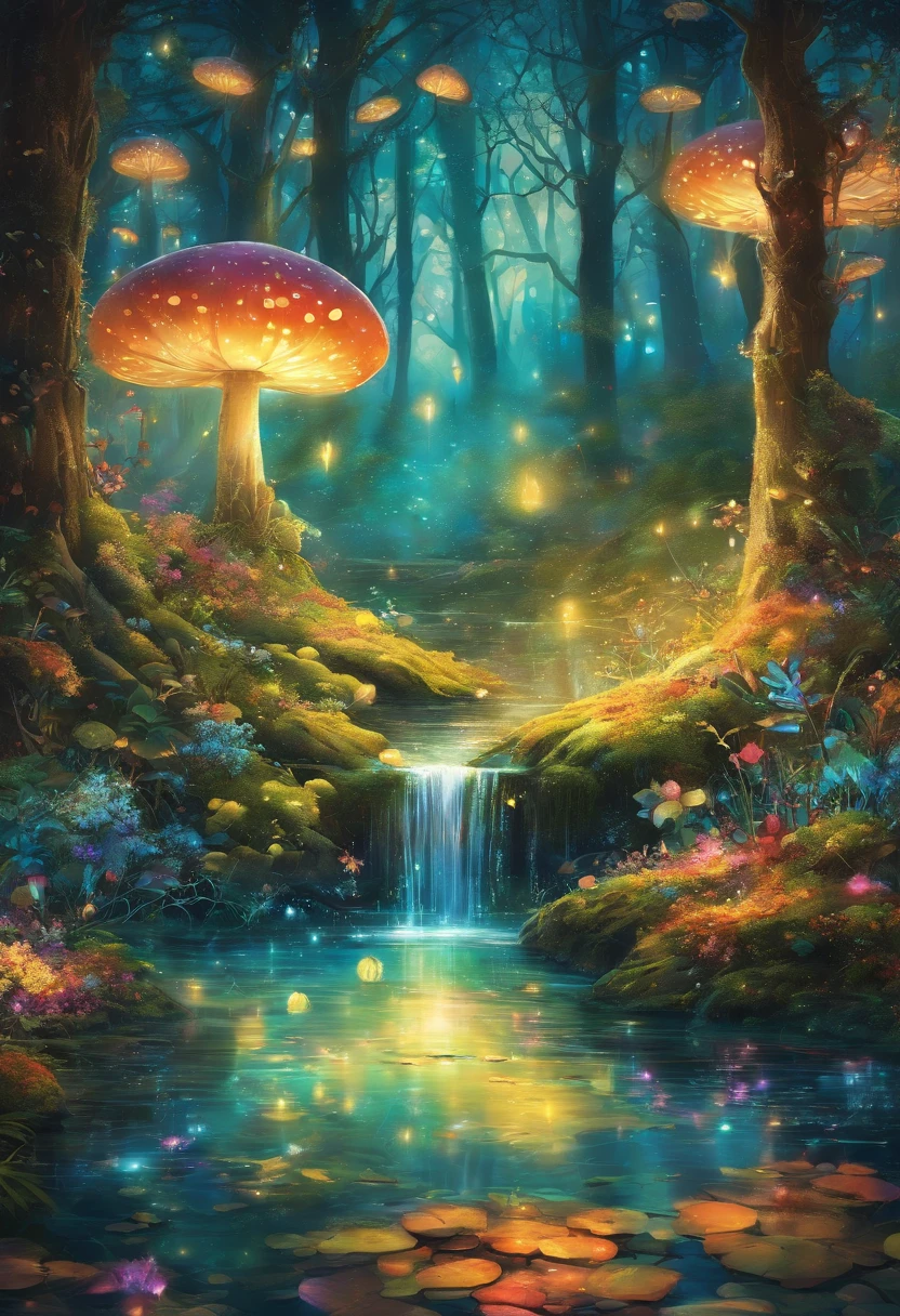 Whimsical forest,autumn colors,fairy goddess,blue glowing spells,fantasy colors,enchanted trees,sparkling mist,magical creatures,ethereal atmosphere,mystical ambiance,magic in the air,enchanted forest floor,magical light rays,twinkling fairy dust,whispering leaves,lush greenery,fairy wings,glowing mushrooms,magical flowers,translucent petals,floating lanterns,glowing fireflies,tranquil pond,majestic waterfall,mythical creatures,harmonious melodies,golden sunlight streaming through tree canopy,charming moss-covered stones,colorful foliage,dreamlike scenery,magical aura,peaceful serenity,whimsical imagination,dancing shadows,magical secrets hidden within the woods