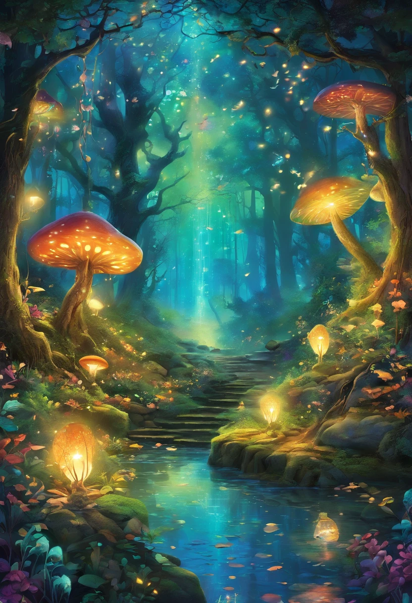 Whimsical forest,autumn colors,fairy goddess,blue glowing spells,fantasy colors,enchanted trees,sparkling mist,magical creatures,ethereal atmosphere,mystical ambiance,magic in the air,enchanted forest floor,magical light rays,twinkling fairy dust,whispering leaves,lush greenery,fairy wings,glowing mushrooms,magical flowers,translucent petals,floating lanterns,glowing fireflies,tranquil pond,majestic waterfall,mythical creatures,harmonious melodies,golden sunlight streaming through tree canopy,charming moss-covered stones,colorful foliage,dreamlike scenery,magical aura,peaceful serenity,whimsical imagination,dancing shadows,magical secrets hidden within the woods