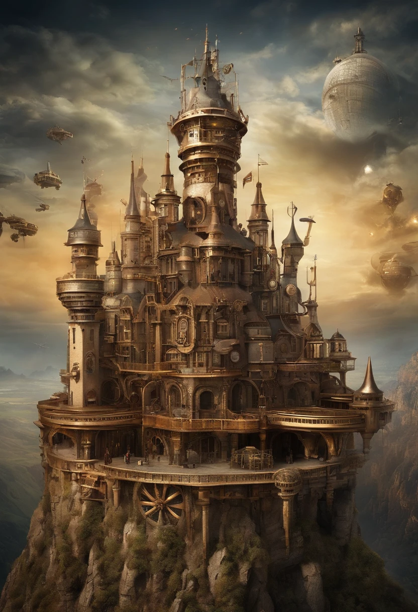 A futuristic science fiction world, this huge castle in space has no concept of up or down. An upside-down castle, a space fortress, a space port, a giant cluster of antennas, (Best quality), (masterpiece:1.3),