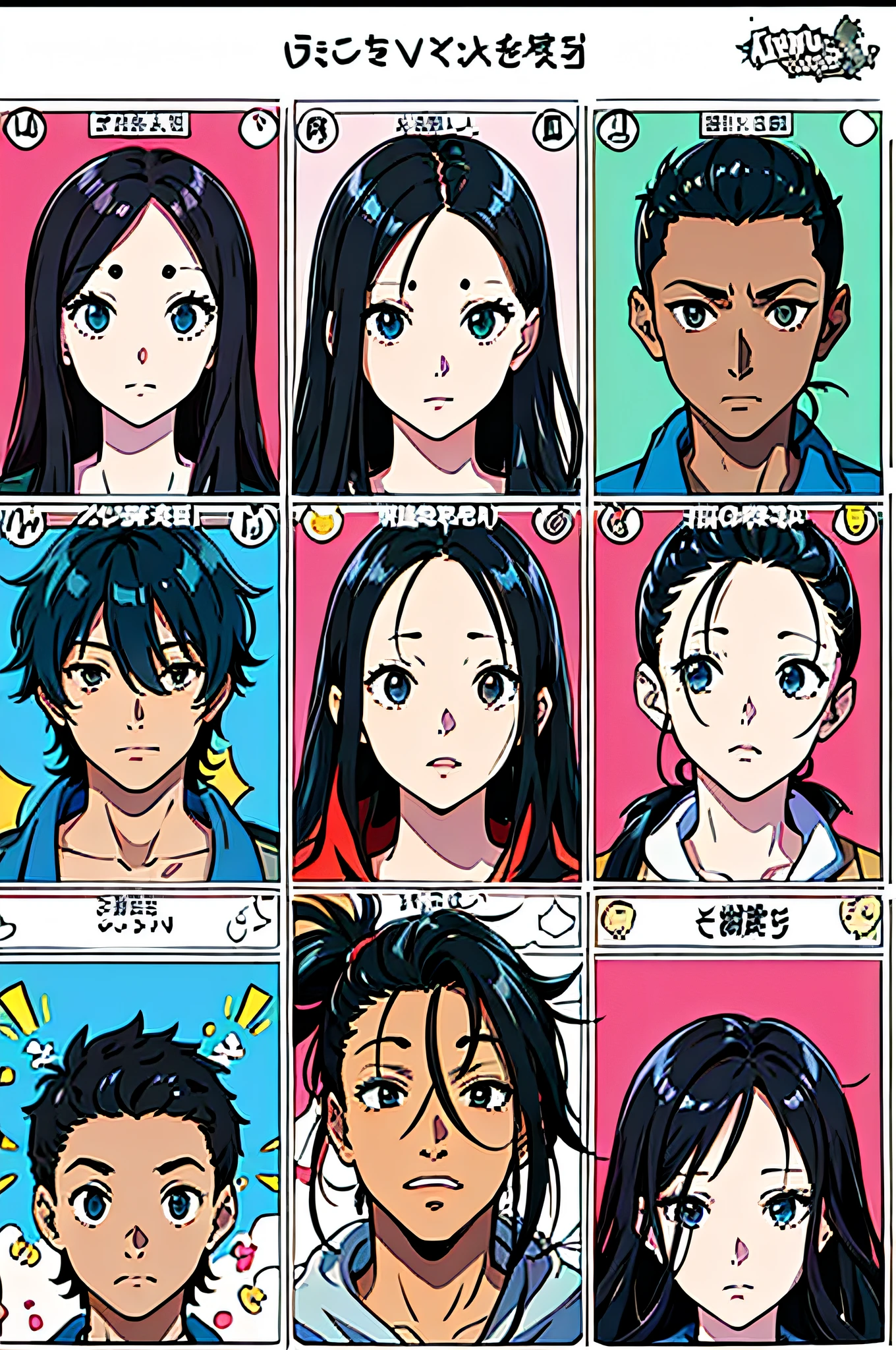 Male, short black hair, dark skin, dreads, ((visual novel)), visual novel expression chart, expression chart, (Male:1.3)