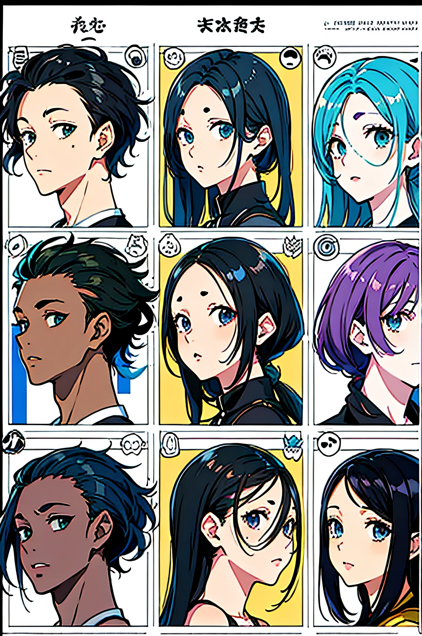 Male, short black hair, dark skin, dreads, ((visual novel)), visual novel expression chart, expression chart, (Male:1.3)