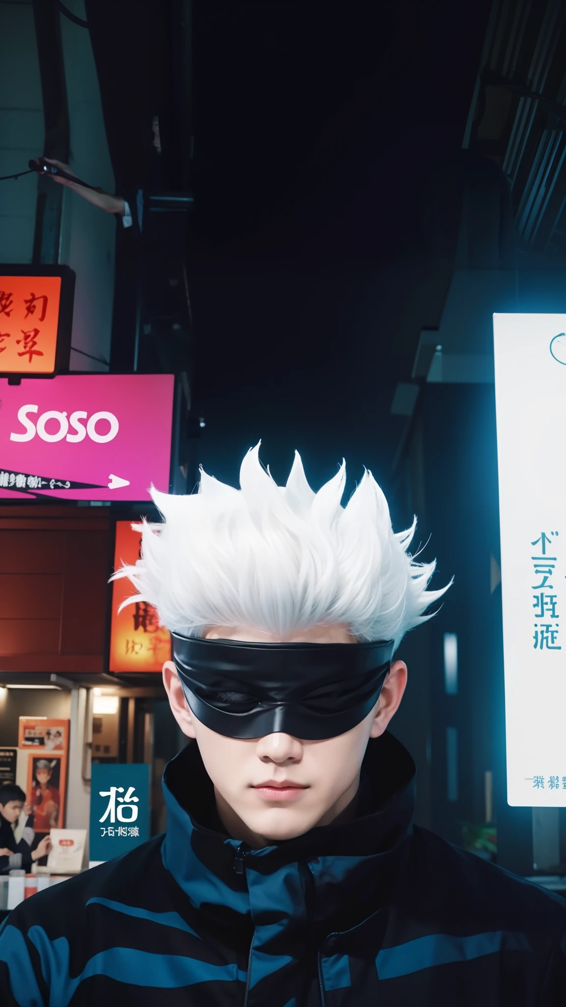 Real life adaption of this character,his name is Gojo satoru from anime Jujutsu kaisen,adult handsome face, covered eyes not visible,realistic white hair,realistic outfit ,realistic light,realistic shadow,realistic background,(photorealistic:1.2)