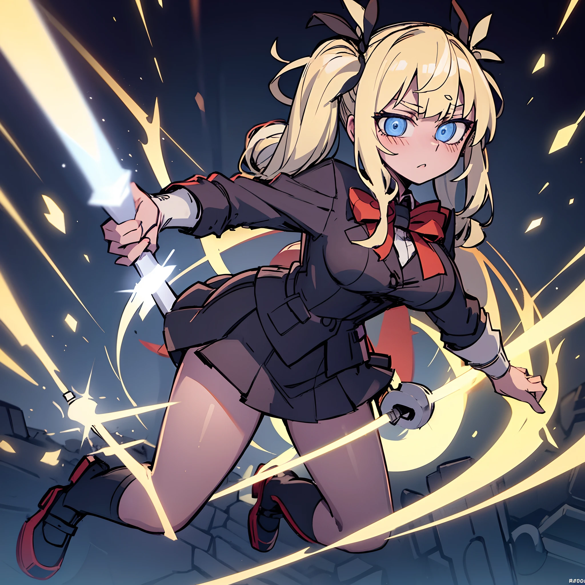 safe for work, 1girl, solo, solo focus, A hentai manga character, Nanako Von Meinsfelt, by Fan no hitori, uploaded to Nhentai.net, blonde hair giant curly twintail, ojou-sama, black school uniform, red cravat with a white cross on it, black pantyhose, brown mary jane shoes, a black pleated skirt, with stunning blue eyes, large breasts, thick thighs, masterpiece, best quality, full-body portrait, background messy alleyway, Holding giant pernach mace