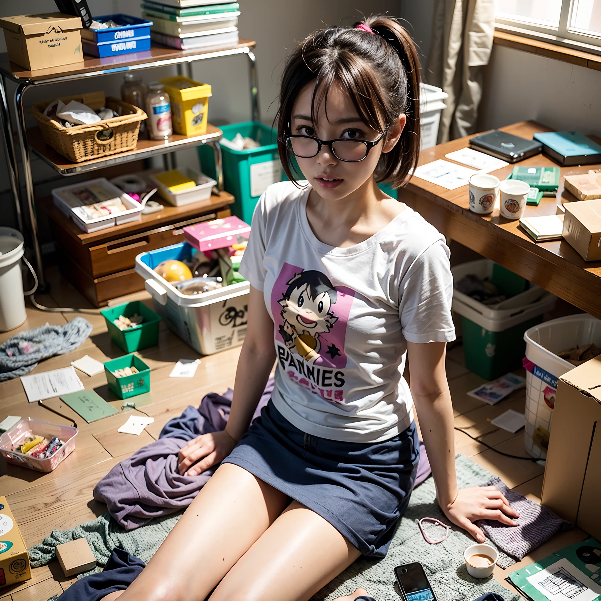 (8K、Raw photography、Top image quality、masterpiece、:1.2)、(realisitic、Photorealsitic:1.37)、1人、独奏、(Sitting on the garbage in an incredibly dirty room、Cute Japan girl operating smartphone:1.4)、Anime Otaku Girls、A dark-haired、short-hair、dishevled hair、Unkempt hair、bangss、Happy expression on face、Small bust、Wearing glasses、Anime Character Print T-Shirt、a miniskirt、head phone、Sitting on the floor、Agra、Room full of garbage、Garbage with rolled tissue、Surrounded by mountains of cartoons、Lots of anime character figures are on display.、Anime poster on the wall、Potato chips on the desk、Spilled potato chips、Roll Energy Drink、Scattering of food waste、Messy room、Underwear left undressed on the floor、超A high resolution、physically-based renderingt、cinematlic lighting、dynamic ungle