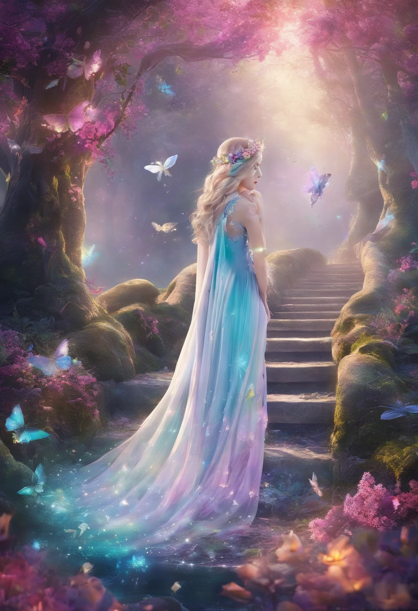 (best quality,4k,8k,highres,masterpiece:1.2),ultra-detailed,(realistic,photorealistic,photo-realistic:1.37),fairy queen,glowing spells,fantasy forest,beautiful detailed eyes,detailed lips,enchanted atmosphere,sparkling lights,fairy wings,delicate floral crown,magical surroundings,mystical creatures,ethereal beauty,magical glimmer,wisps of magic,elegant gown,graceful movements,nature spirits,dappled sunlight,whispering trees,shimmering waterfalls,ethereal mist,enchanted creatures,otherworldly aura,soft pastel colors,soft and warm lighting,majestic castle,pixie dust,enchanted flowers and plants,sparkling crystals,dreamlike atmosphere,serene and peaceful,whimsical and enchanting,floating petals,gentle breeze,enchanted melodies,hidden pathways and secret groves,glowing mushrooms,celestial beings,fairy dust