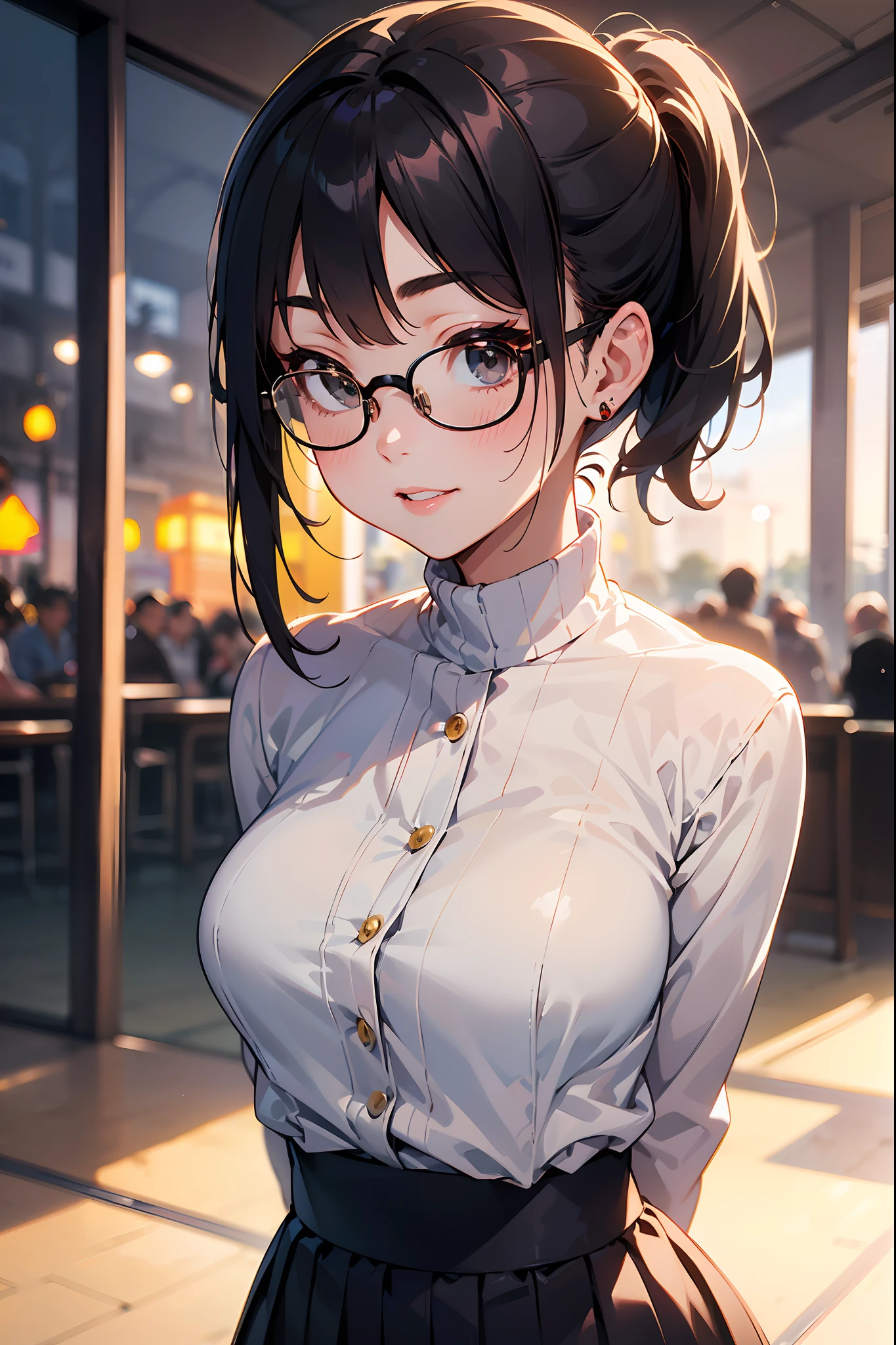 high resolution, Detailed photos of beautiful women_face, Young and handsome girl,Realistic:0.5, Perfect skin, (wears glasses:1.5), (Ultra-detailed background, Detailed background), Bokeh, make happy expressions, happy emotion, Gorgeous,Pure, BeautyFull detailed face and eyes,Breasts, (Black eyes:1.1), (Audrey Hepburn:1.3), (A very beautiful and beautiful Japanese woman), (Sexy girl), (Professional attire:1.3), (22 years old: 1.1), Break, (blue turtleneck:1.2, longer sleeves:1.2), (Beige pleated skirt:1.2), (Leather boots))), cleavage, beautiful detailed skin, (Cute:1.2), (Blonde hair), ((Jpop idol)), (upper thigh:0.6), (Depth of field),Soft light, The lens glows,looking at viewert, (Drooping eyes:1.2), Straight teeth,Smile, Floating hair, (blond hairbl:1.2), Brown eyes break scenes, Cinematic, full-color, 4K, 8K, 16k, RAW photo, Masterpiece, professional color graded, Professional photography, High school girl, Hair up, , Soft and clear focus, photorealistic illumination and shadowing, (extremely delicate and beautiful art)1.3, elegant,Effective angle,Vitality constitutes a breakthrough (pony tails:1.3), (Shiny black thinning hair:1.2), bangs, Dark brown eyes, Beautiful eyes, Princess Eyes, (Big eyes:1.3), bangs, wears glasses:1.3, hair between eye, Short hair:1.3, (Slender:1.1), (mediuml breasts:0.95), (Thin waist: 1.15), (detailed beautiful girl: 1.4), parted lip, Red lips, full makeup, (Shiny skin), ((Perfect female body)), (Upper body image:1.3), Perfect anatomy, Perfect proportions, (The most beautiful Korean actress face:1.3, Extremely cute and beautiful Japanese actress face:1.3), ,(1 Glasses Girl:1.3, Solo), ,(Blush:1.1), Gray background, solofocus, (Bust Up Shot:1.2), Cinematic light, (Nostalgic night view:1.4), (aquariums:1.4), The vibrant glow of neon, Vintage-style carnival rides, (arms back behind :1.4), (view the viewer:1.2