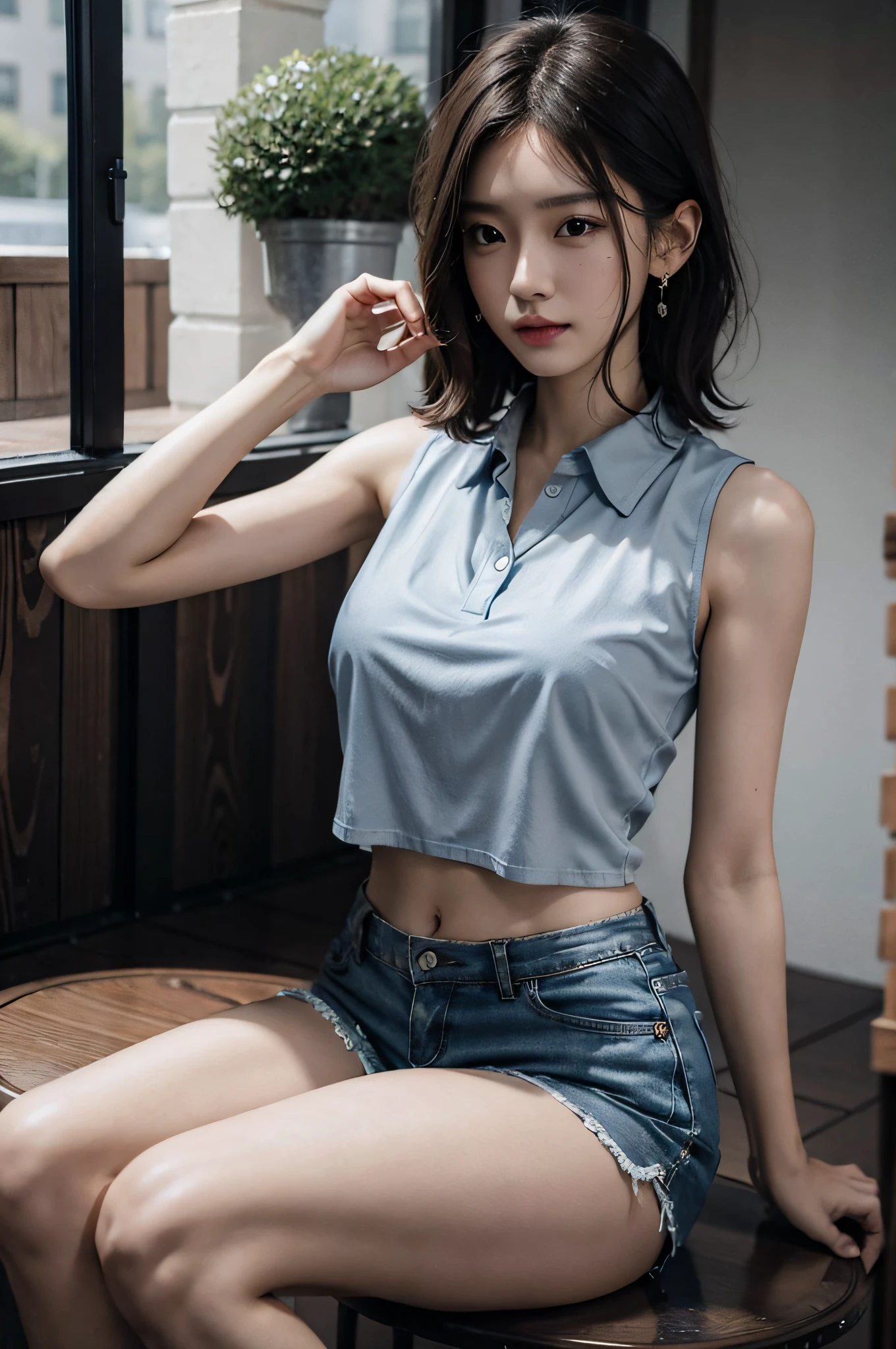 (very huge round breasts, perfect anatomy:1.4), (short hair, wavy hair, full body:1.1), (sleeveless, collared shirt, sports shorts:1.4), whole body, RAW photo, extremely delicate and beautiful, masterpiece, Best Quality, ultra high resolution, 16k, hyperrealistic, ultra-detailed, Very detailed CG 8k wallpaper, Beautiful Lighting, Perfect Lightning, Realistic Shadows, super Detailed shiny skin, perfect figure, Japanese woman, late 20s, Slim body, Slim abdomen, very small head, handsome detailed woman, very detailed eyes and face, realistic face proportions, Stunning detailed eyes, Realistic beautiful face, very small face, Realistic small beautiful eyes, double eyelids, makeup, tearful mole, mole on chest, earring, bare legs, beautiful and very thin legs, beautiful and very thin thighs, narrow waist, (cleavage, Soft midriff, Fine Collarbone, off-shoulder:0),