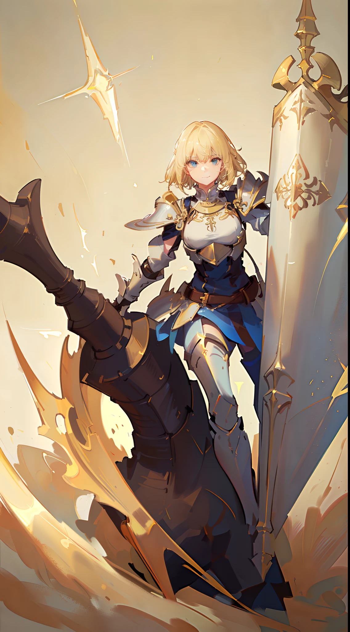 adult man, Blonde hair in a bob, blue eyes, Smile, Beautiful white armor with gold elements, paladin, hammer, shield, Masterpiece, hiquality, 4k, HD, Good detail