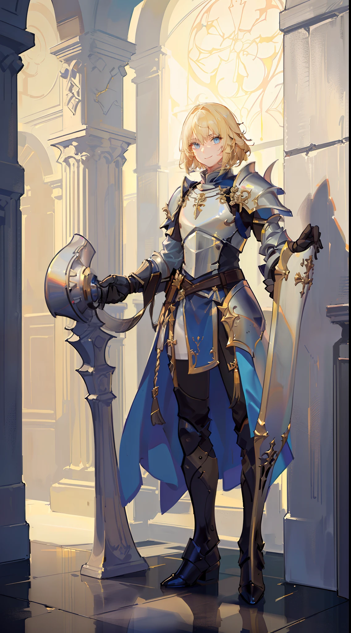 adult man, Blonde hair in a bob, blue eyes, Smile, Beautiful white armor with gold elements, paladin, hammer, shield, Masterpiece, hiquality, 4k, HD, Good detail