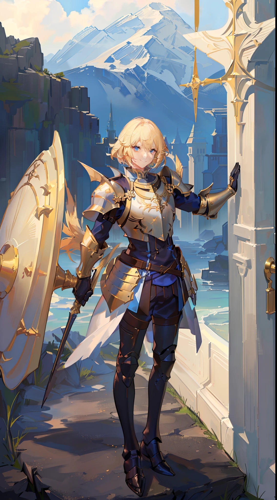 adult man, Blonde hair in a bob, blue eyes, Smile, Beautiful white armor with gold elements, paladin, hammer, shield, Masterpiece, hiquality, 4k, HD, Good detail