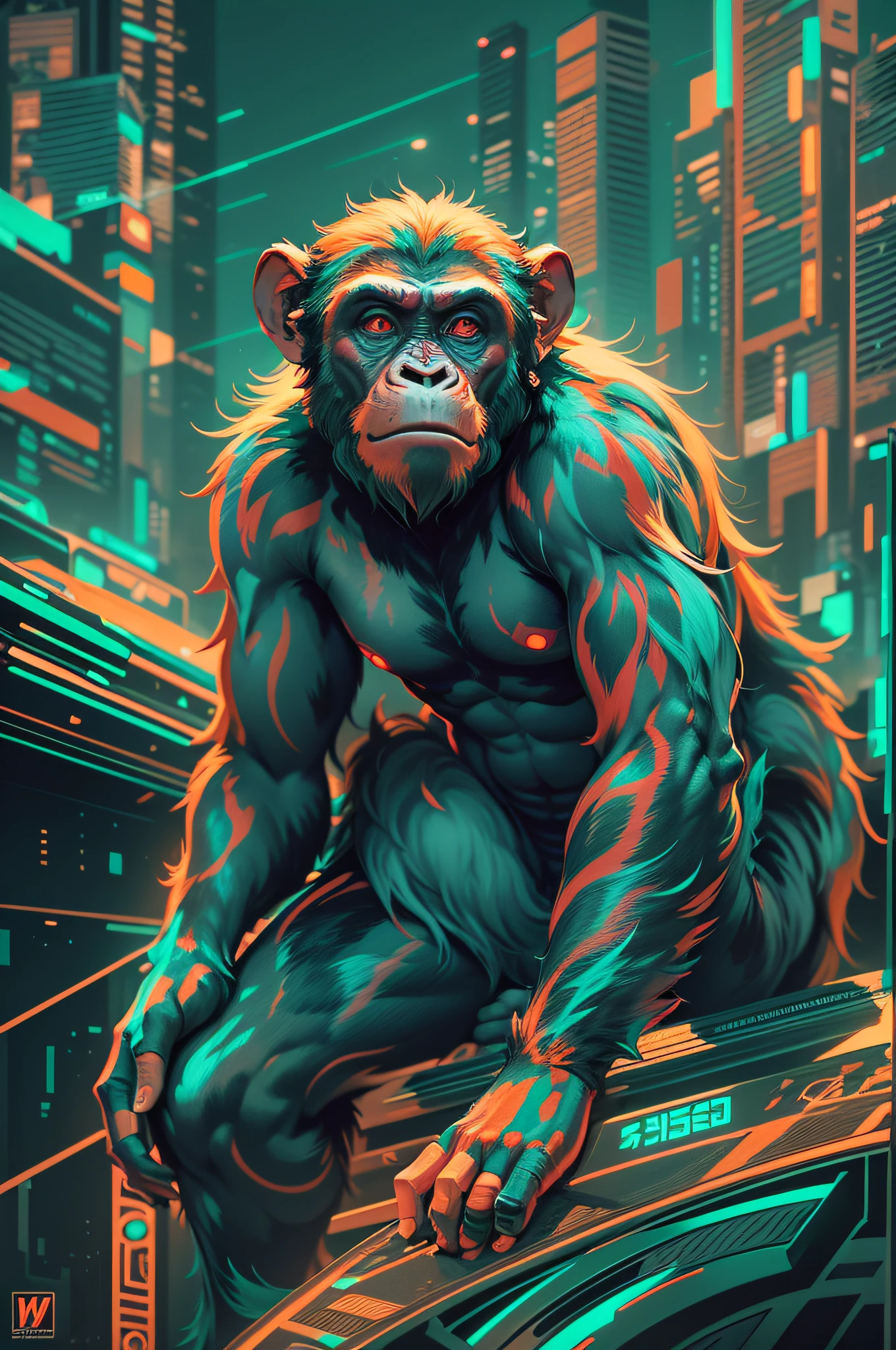 (bright colors,vector style:1.2),detailed,futuristic monkey,cyberpunk Planet of the Apes,t-shirt,futuristic clothing,3D anime image style, high quality,detailed monkey face,Advanced technologies, vibrant colors, metallic textures, scenery urban, neon lights, Cityscape, Sci-fi elements, sharp focus, professional, vector art, digital illustration, sharp lines, FUTURISTIC CITY, Technological advancements, dynamic poses, captivating composition, exaggerated proportions, creative angles, bold designs, visually stunning, master piece:1.2