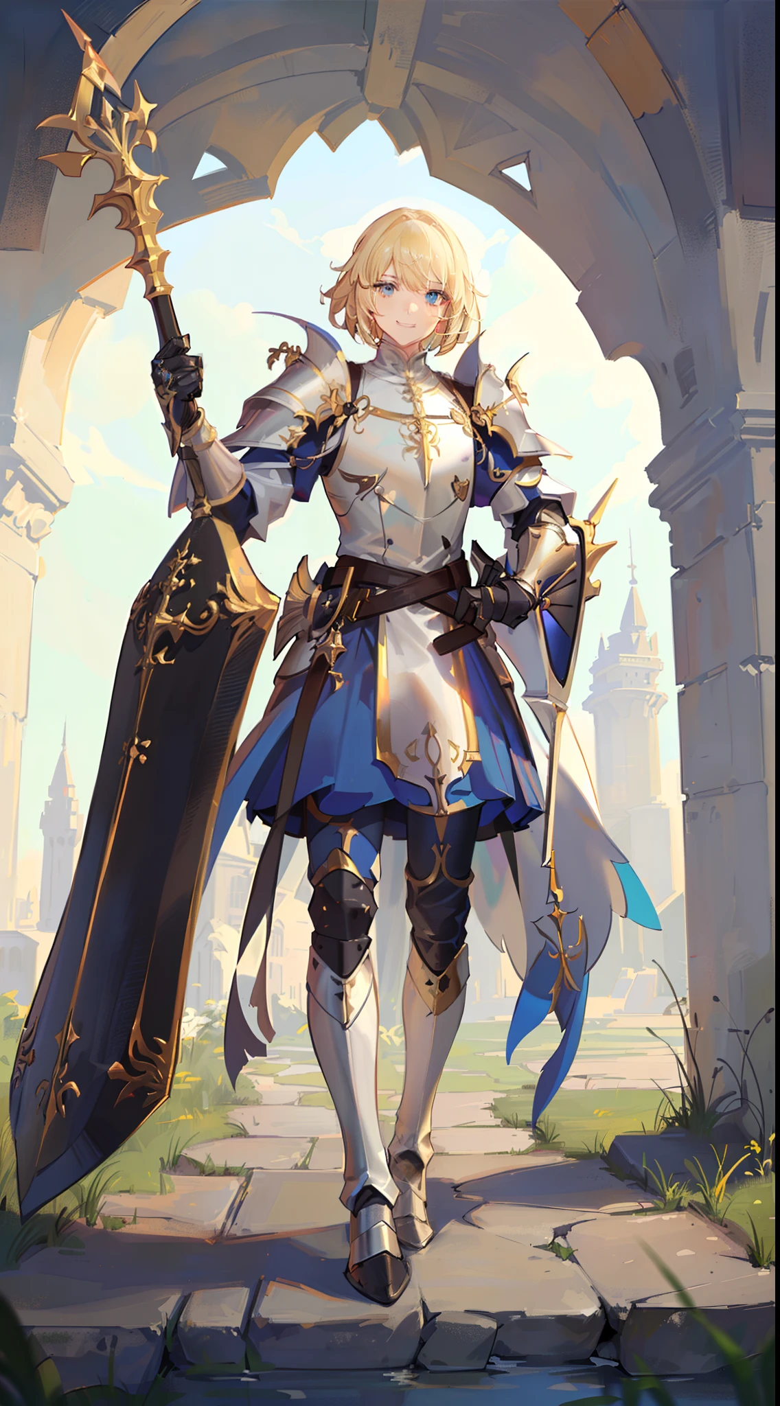 adult man, Blonde hair in a bob, blue eyes, Smile, Beautiful white armor with gold elements, paladin, hammer, shield, Masterpiece, hiquality, 4k, HD, Good detail