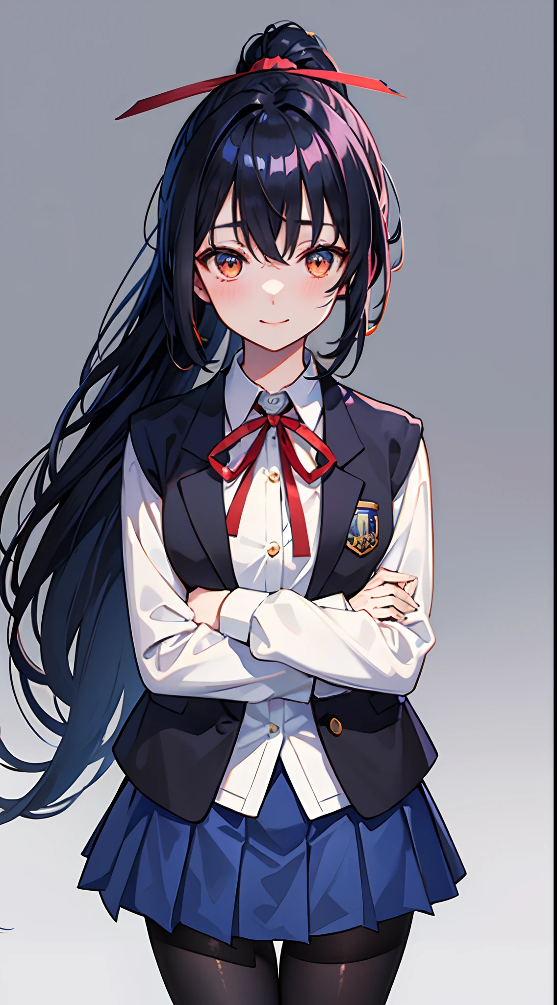 masterpiece, (bestquality), highlydetailed, ultra-detailed, 1girl, bangs, black hair, blue jacket, blush, orange eyes, Amber eyes, Inner pick dye, Blue pick dye, closed mouth, cowboy shot, eyebrows visible through hair, gradient, thighband pantyhose,pantyhose,shiny legwear,gradient background, jacket, long hair, long sleeves, looking at viewer, neck ribbon, own hands together, ponytail, red ribbon, ribbon, school uniform, shirt, skirt, smile, solo, very long hair
