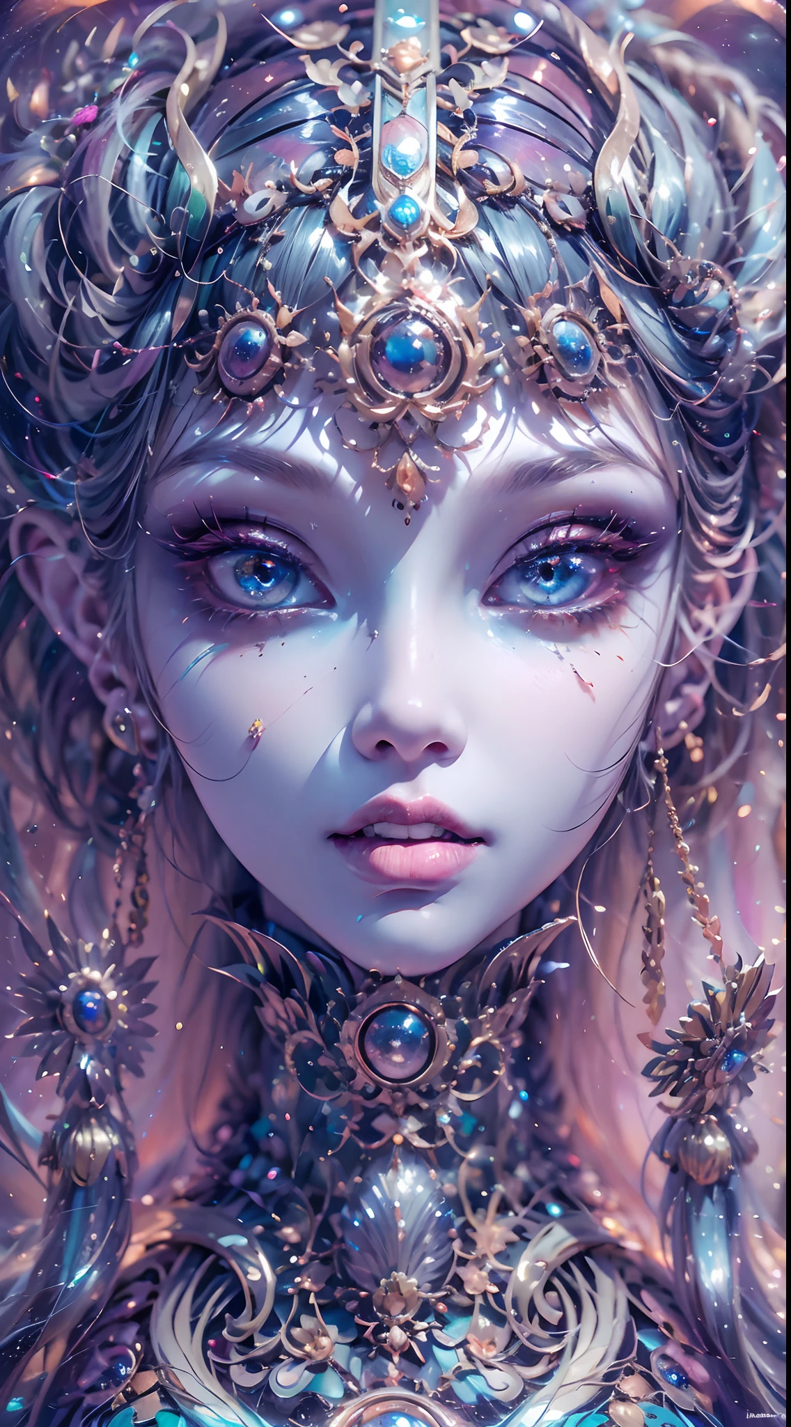 (best qualtiy,ultra - detailed,Most Best Illustration,Best shadow,tmasterpiece,A high resolution,professionalartwork,famousartwork),Sky blue picture style,Detailed eyes,beautidful eyes,closeup cleavage,sci-fy,colored sclera,Robot eyes,face markings,Tattooed with,(fractalized,Fractal eyes),largeeyes,Wide eyes,(Eye focus),sface focus,Cosmic eyes,Space eyes,Close-up of metal sculpture of a woman with a moon in her hair,goddes。extremly high detail,3 d goddess portrait,Extremely detailed footage of the goddess,a stunning portrait of a goddess,Full body close-up portrait of the goddess,hecate goddess,portrait of a norse moon goddess,goddess of space and time,PureErosFace_V1,Urzang-6500-V1 Edition.1,