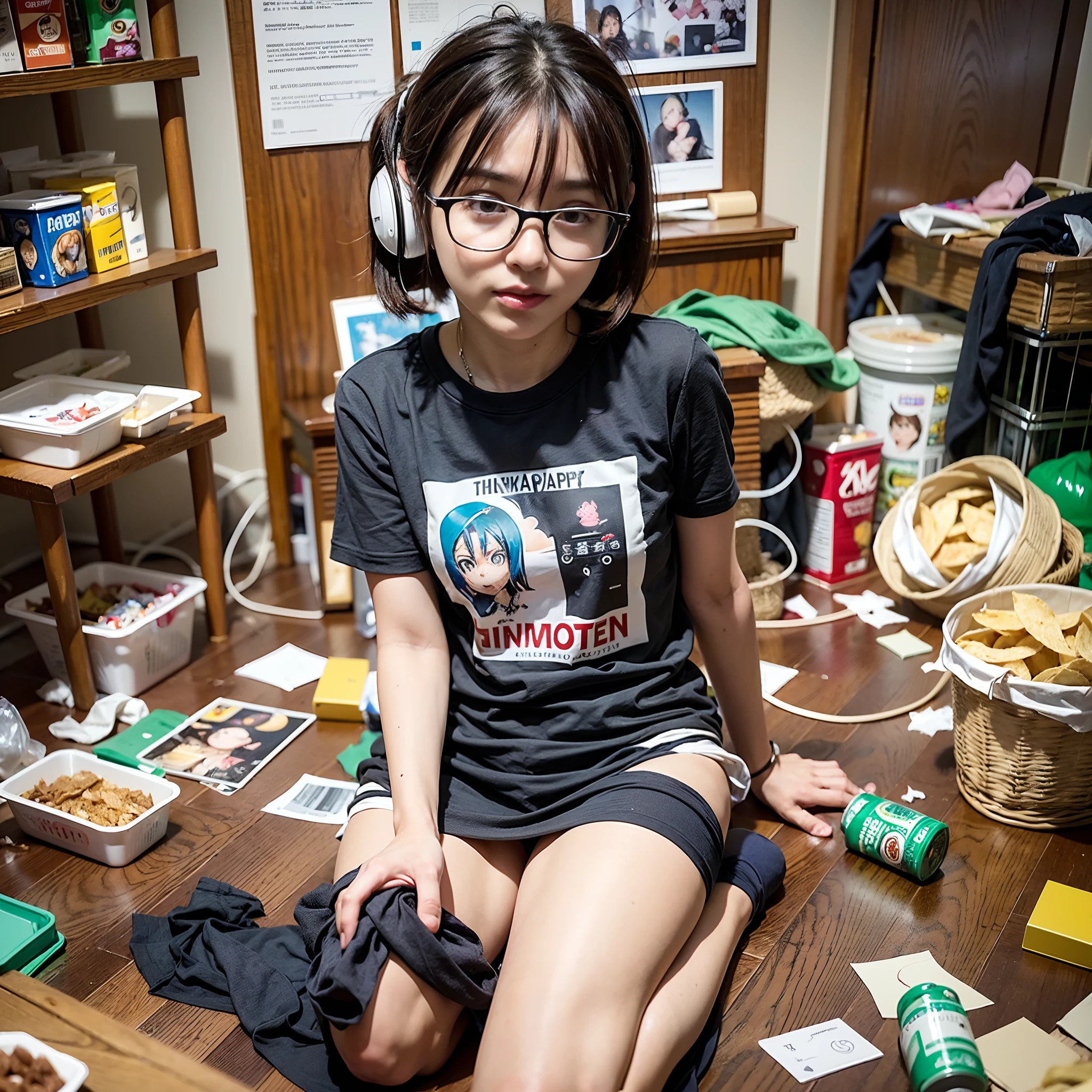 (8K、Raw photography、Top image quality、​masterpiece、:1.2)、(realisitic、Photorealsitic:1.37)、1人、独奏、(Sitting on the garbage in an incredibly dirty room、Cute Japan girl operating smartphone:1.4)、Anime Otaku Girls、A dark-haired、short-hair、dishevled hair、Unkempt hair、bangss、Happy expression on face、Small bust、Wearing glasses、Anime Character Print T-Shirt、a miniskirt、head phone、Sitting on the floor、Agra、Room full of garbage、Garbage with rolled tissue、Surrounded by mountains of cartoons、Lots of anime character figures are on display.、Anime poster on the wall、Potato chips on the desk、Spilled potato chips、Roll Energy Drink、Scattering of food waste、Messy room、Underwear left undressed on the floor、超A high resolution、physically-based renderingt、cinematlic lighting、dynamic ungle