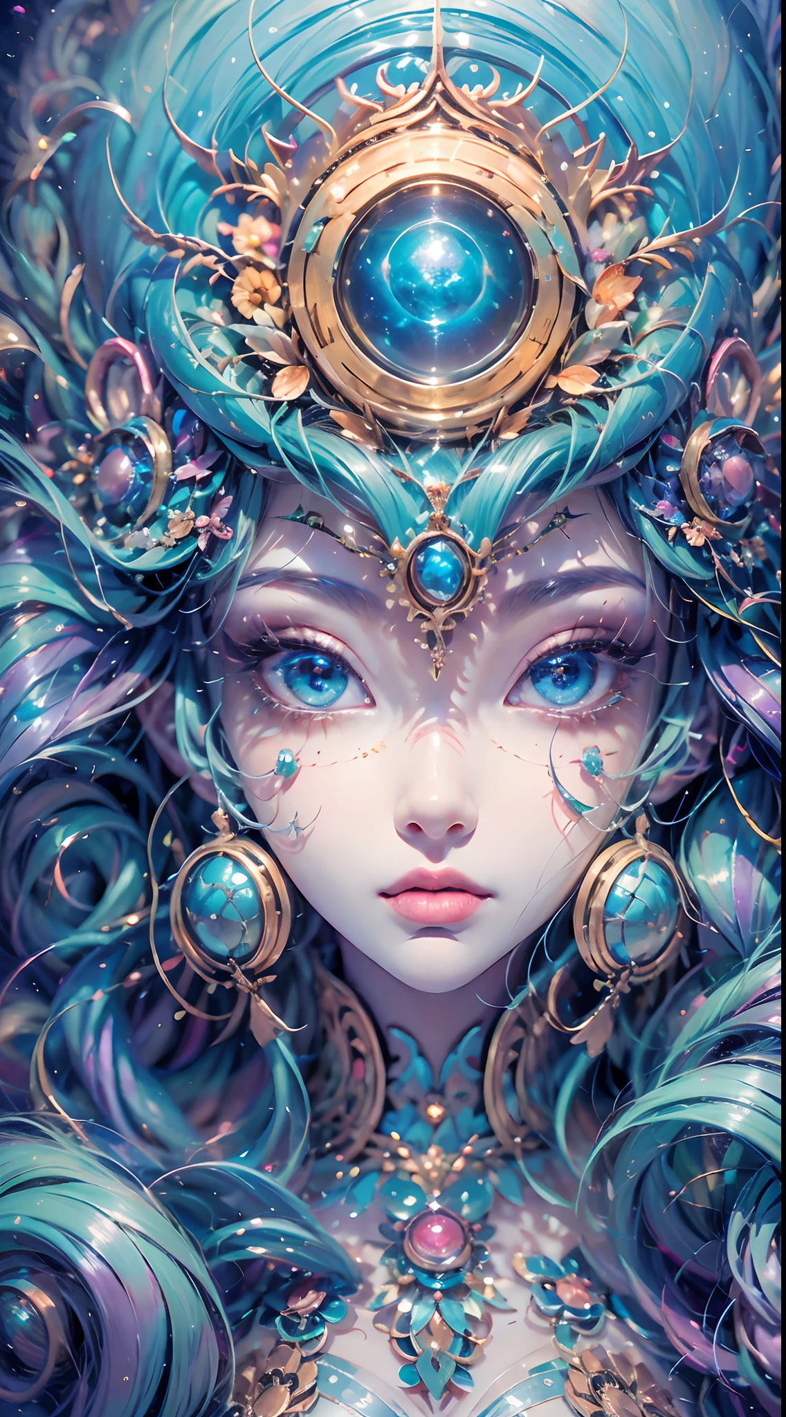(best qualtiy,ultra - detailed,Most Best Illustration,Best shadow,tmasterpiece,A high resolution,professionalartwork,famousartwork),Sky blue picture style,Detailed eyes,beautidful eyes,closeup cleavage,sci-fy,colored sclera,Robot eyes,face markings,Tattooed with,(fractalized,Fractal eyes),largeeyes,Wide eyes,(Eye focus),sface focus,Cosmic eyes,Space eyes,Close-up of metal sculpture of a woman with a moon in her hair,goddes。extremly high detail,3 d goddess portrait,Extremely detailed footage of the goddess,a stunning portrait of a goddess,Full body close-up portrait of the goddess,hecate goddess,portrait of a norse moon goddess,goddess of space and time,PureErosFace_V1,Urzang-6500-V1 Edition.1,
