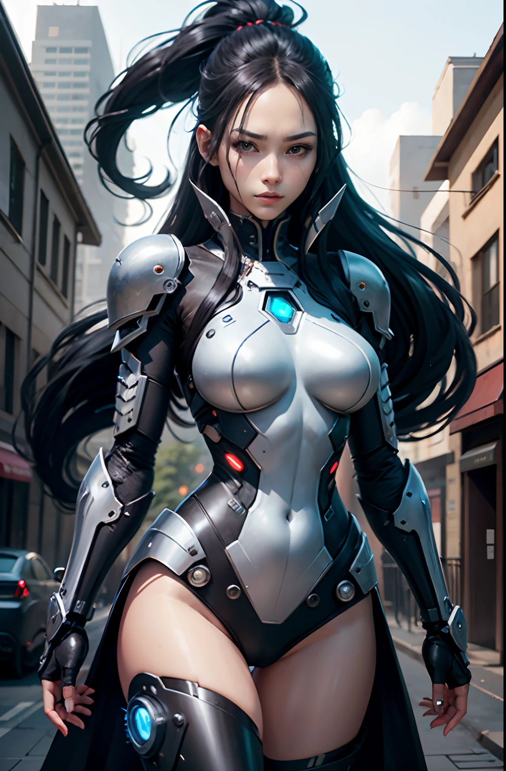 Fantasy、Black hair color、Super Long Hair、cyberpunked、(Double Sword、Scorpion Cyborg Woman、Das Veilchen:1.1)、1 woman、Mechanical technology、Robot Presence、Ninja-like fighting stance、Cybernetic Guardian、