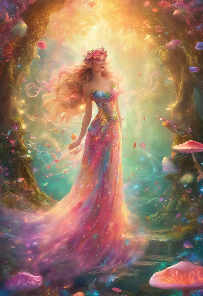 (best quality,4k,8k,highres,masterpiece:1.2),ultra-detailed,(realistic,photorealistic,photo-realistic:1.37),fairy queen,glowing spells,fantasy forest,beautiful detailed eyes,detailed lips,enchanted atmosphere,sparkling lights,fairy wings,delicate floral crown,magical surroundings,mystical creatures,ethereal beauty,magical glimmer,wisps of magic,elegant gown,graceful movements,nature spirits,dappled sunlight,whispering trees,shimmering waterfalls,ethereal mist,enchanted creatures,otherworldly aura,soft pastel colors,soft and warm lighting,majestic castle,pixie dust,enchanted flowers and plants,sparkling crystals,dreamlike atmosphere,serene and peaceful,whimsical and enchanting,floating petals,gentle breeze,enchanted melodies,hidden pathways and secret groves,glowing mushrooms,celestial beings,fairy dust