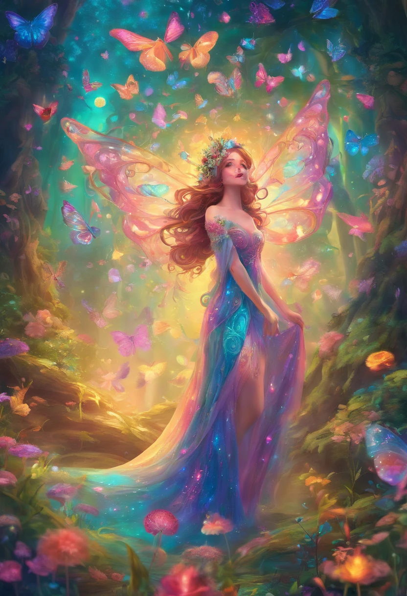 (best quality,4k,8k,highres,masterpiece:1.2),ultra-detailed,(realistic,photorealistic,photo-realistic:1.37),fairy queen,glowing spells,fantasy forest,beautiful detailed eyes,detailed lips,enchanted atmosphere,sparkling lights,fairy wings,delicate floral crown,magical surroundings,mystical creatures,ethereal beauty,magical glimmer,wisps of magic,elegant gown,graceful movements,nature spirits,dappled sunlight,whispering trees,shimmering waterfalls,ethereal mist,enchanted creatures,otherworldly aura,soft pastel colors,soft and warm lighting,majestic castle,pixie dust,enchanted flowers and plants,sparkling crystals,dreamlike atmosphere,serene and peaceful,whimsical and enchanting,floating petals,gentle breeze,enchanted melodies,hidden pathways and secret groves,glowing mushrooms,celestial beings,fairy dust