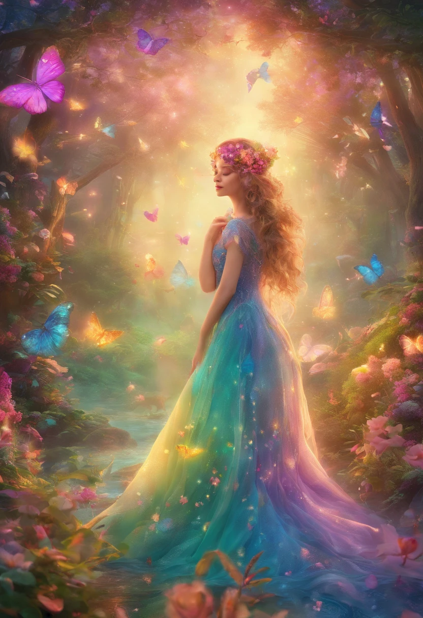 (best quality,4k,8k,highres,masterpiece:1.2),ultra-detailed,(realistic,photorealistic,photo-realistic:1.37),fairy queen,glowing spells,fantasy forest,beautiful detailed eyes,detailed lips,enchanted atmosphere,sparkling lights,fairy wings,delicate floral crown,magical surroundings,mystical creatures,ethereal beauty,magical glimmer,wisps of magic,elegant gown,graceful movements,nature spirits,dappled sunlight,whispering trees,shimmering waterfalls,ethereal mist,enchanted creatures,otherworldly aura,soft pastel colors,soft and warm lighting,majestic castle,pixie dust,enchanted flowers and plants,sparkling crystals,dreamlike atmosphere,serene and peaceful,whimsical and enchanting,floating petals,gentle breeze,enchanted melodies,hidden pathways and secret groves,glowing mushrooms,celestial beings,fairy dust