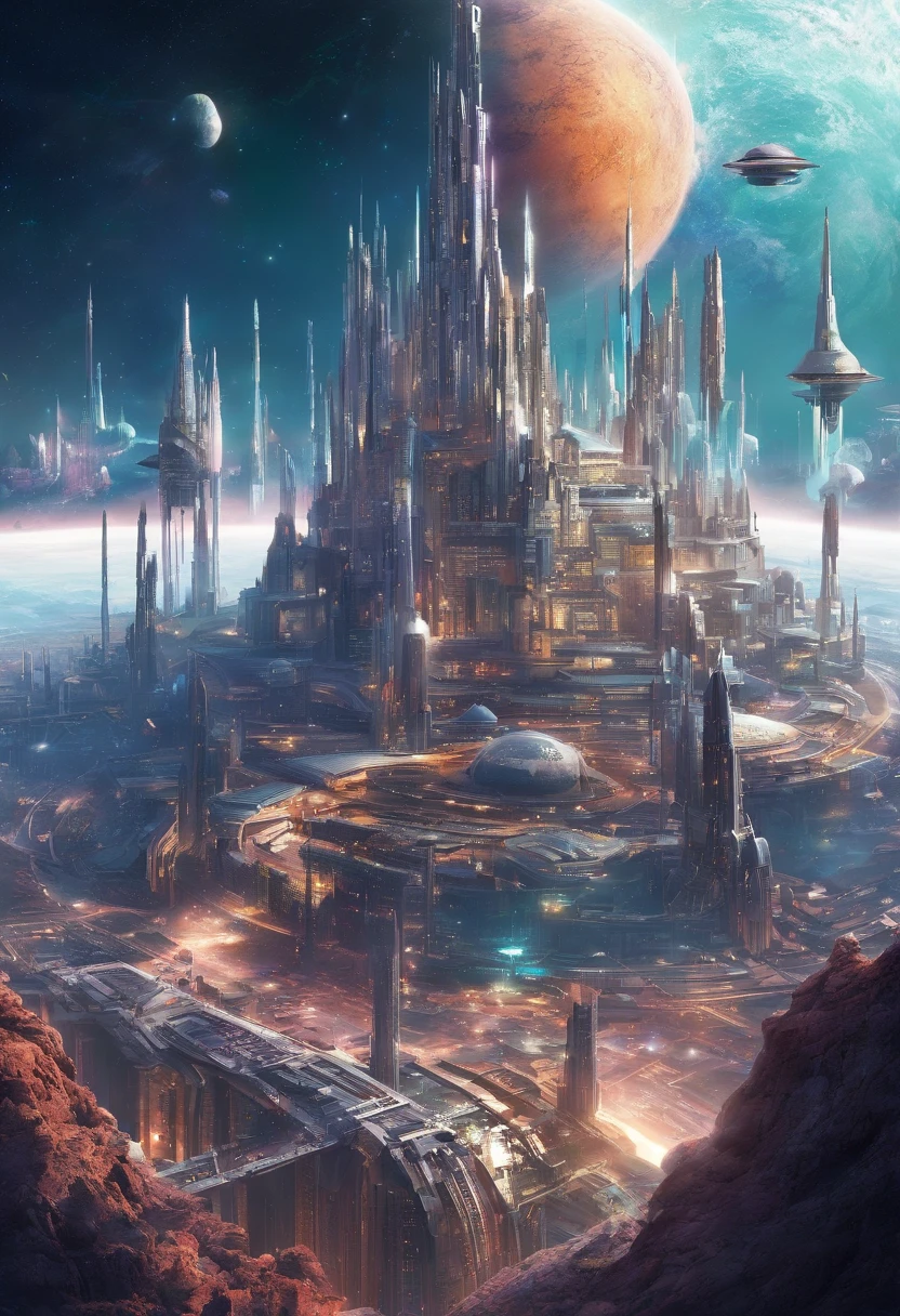 A futuristic science fiction world, this huge castle in space has no concept of up or down. An upside-down castle, a space fortress, a space port, a giant cluster of antennas, (Best quality), (masterpiece:1.3),