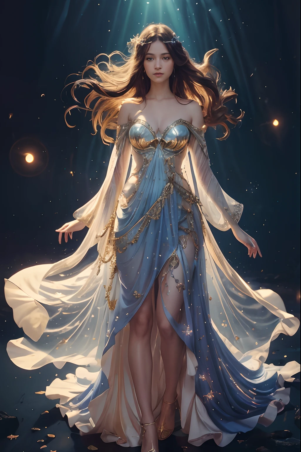 Medium body shot of beautiful  white mermaid in blue and gold armour style suit, no mask on, golden bioluminescence cape, big clevage, looking at center camera, perfect composition, beautiful detailed intricate insanely detailed octane render trending on artstation, very clear high contrast 24k artistic photography, photorealistic concept art, soft natural volumetric cinematic perfect light, chiaroscuro, award - winning photograph, masterpiece, oil on canvas, raphael, caravaggio, greg rutkowski, beeple, beksinski, giger, trending on artstation, sharp focus, studio photo, intricate details, highly detailed, night city background, by greg rutkowski , standing in forest,    masterpiece  ,hyperrealitic ,   body digital art   , bioluminescence