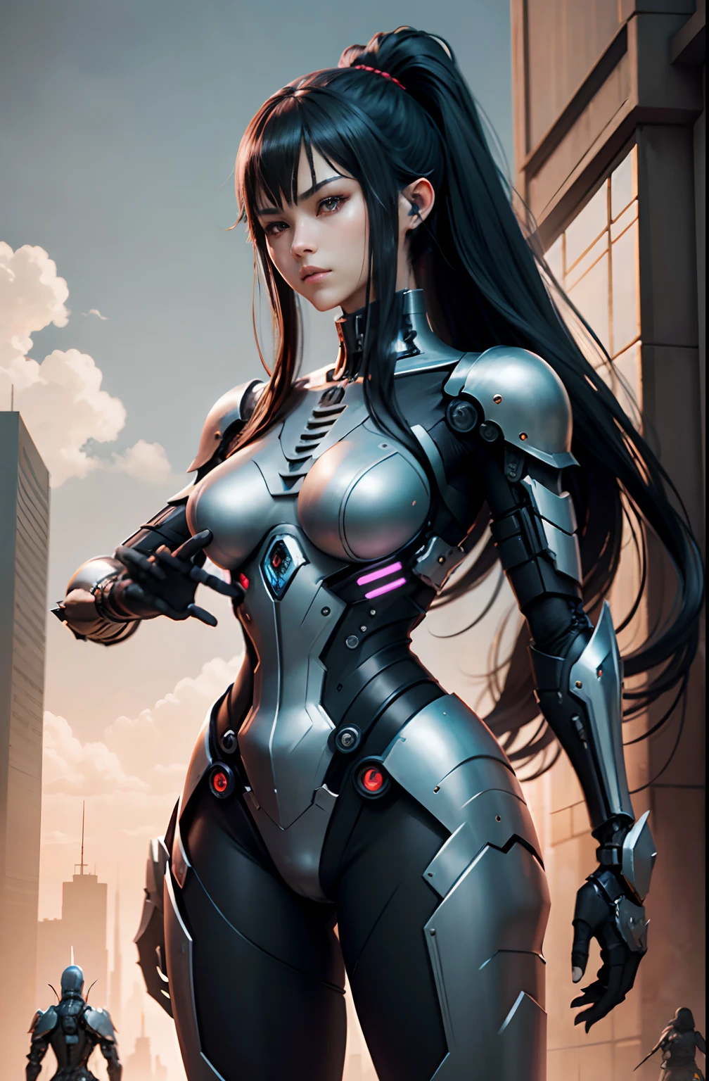 Fantasy、Black hair color、Super Long Hair、cyberpunked、(Double Sword、Scorpion Cyborg Woman、Das Veilchen:1.1)、1 woman、Mechanical technology、Robot Presence、Ninja-like fighting stance、Cybernetic Guardian、