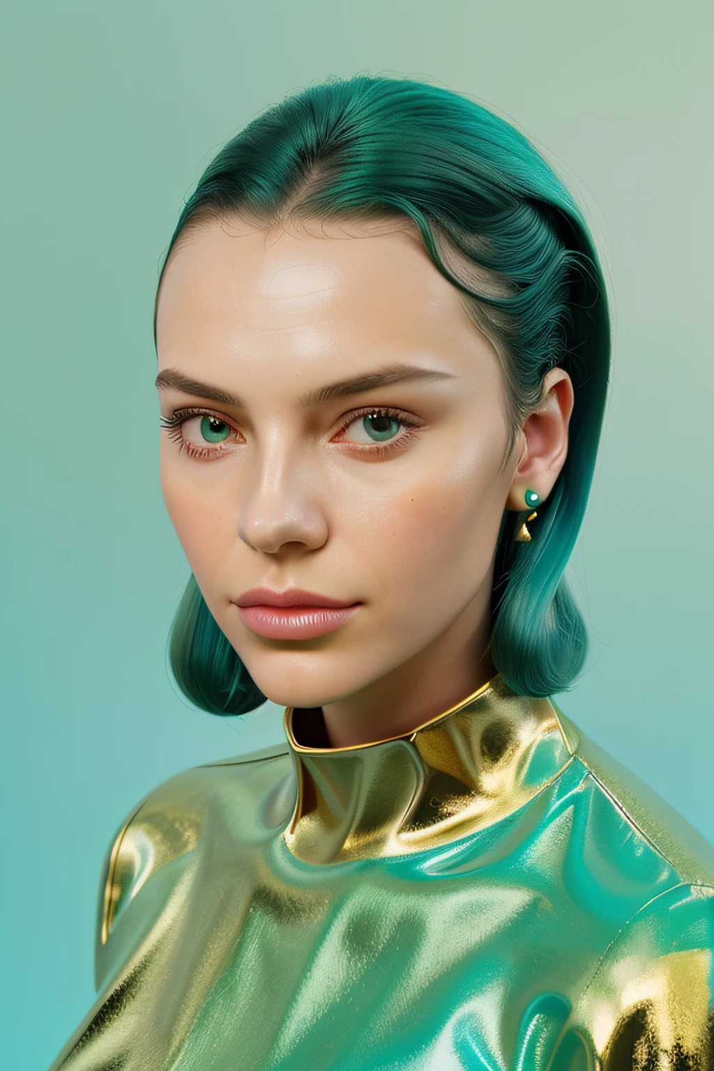 a young woman on a green background, in the style of carl kleiner, buckminster fuller, loretta lux, high quality photo, wavy resin sheets, gold and cyan, digital symmetry,medium shot