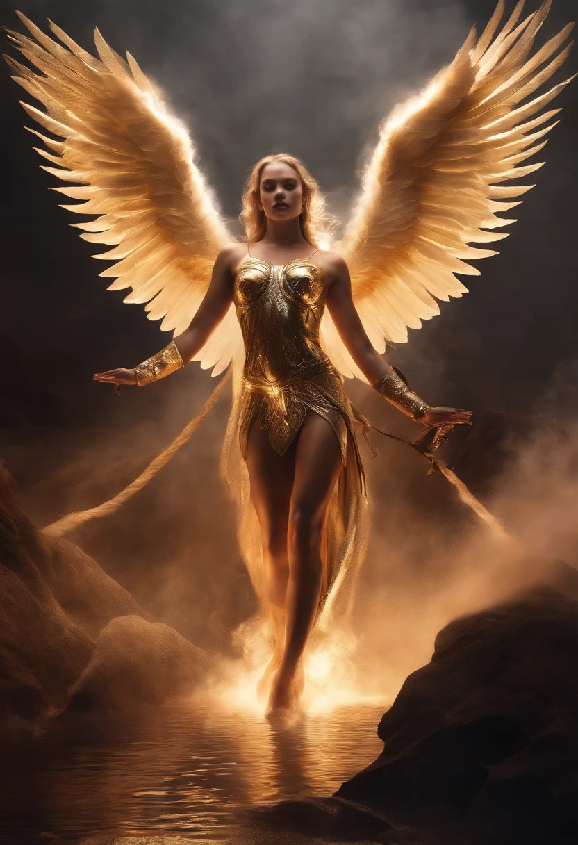 Ultra-realistic angel image: A golden angel with spread wings,Holding a fire sword in his hand,There was gloom in the gloom。, Black smoke settings,(RAW photo:1.2),camel-toe,Hollow-out on,sweat leggs,White liquid, Smooth pink skin, shiny metallic glossy skin, Shiny, spread their legs,M-shaped legs,angry look,Irritated,white liquid all over body,Full body like,