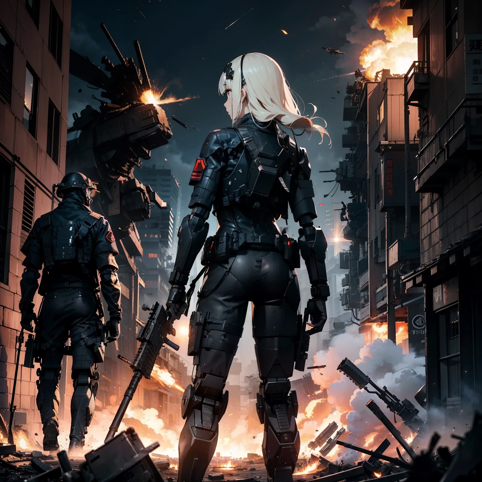(assault rifle:1.4)、(Fire assault rifles to destroy military robots:1.4)、(1 Female soldier with a healthy body)、独奏:1.4、(Black combat uniform)、(platinum-blonde-hair:1.2)、Have multiple weapons、rubble、((超A high resolution))、Detail Write、masterpiece、top-quality、extremely details CG、Image quality in 8K、Cinematographic lighting、lensflare、(Night combat)、((In Building))、Hyper-detailing、The wreckage of military robots、cowboy shot:1.4、From diagonally behind、From above 、(HK416)