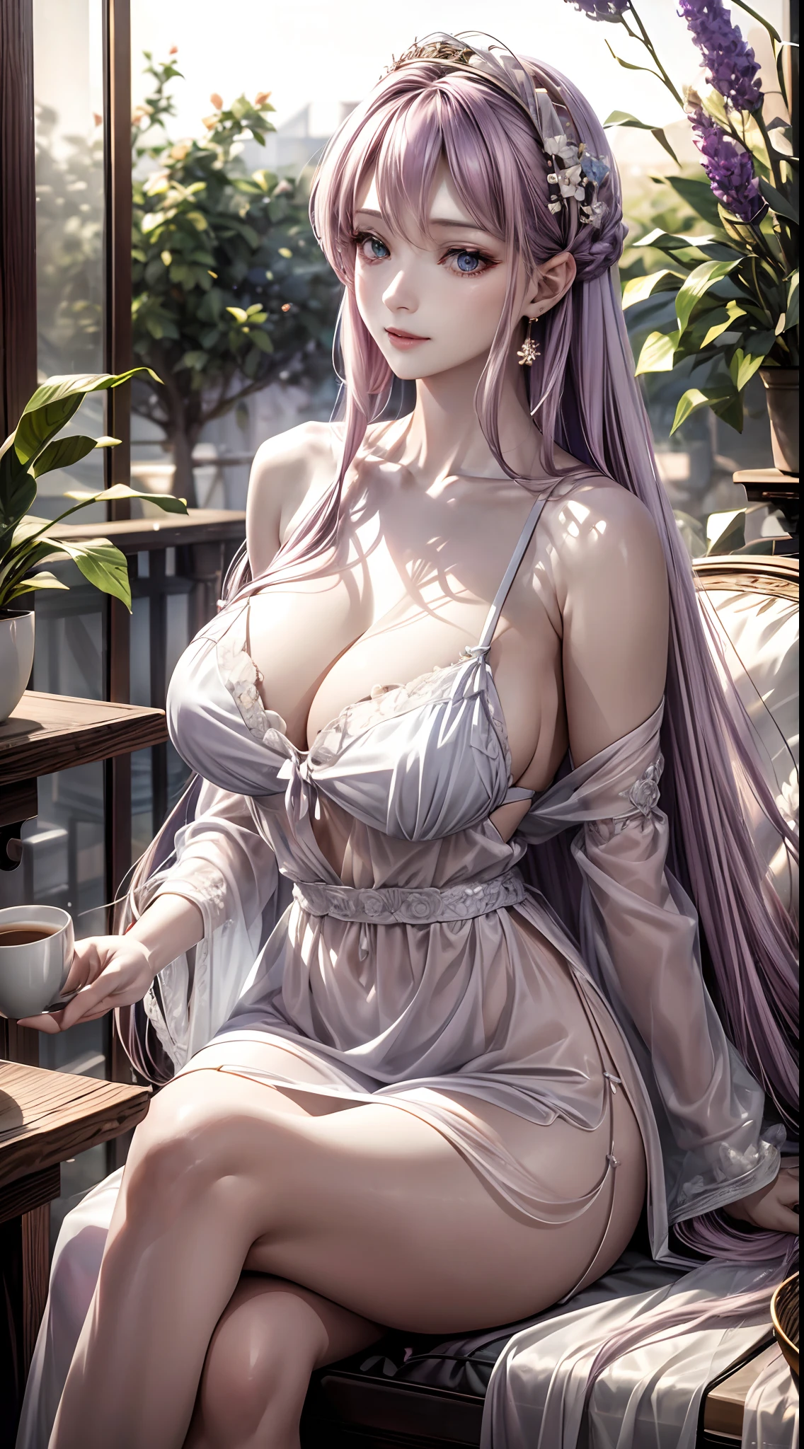(Photorealistic) woman with (Long, Flowing) lavender hair, (Fair, porcelain) skin, Sit leisurely in the café, (relaxing), Sip a cup of coffee. She is wearing a (semi transparent, sheer) White blouse, adorned with (subtle, Delicate) Red bracelet. The café was packed (soft, warm) Lighting that creates a relaxing atmosphere. (Vivid colors) Embrace the scene, Create an (Dreamlike, Ethereal) ambiance.
