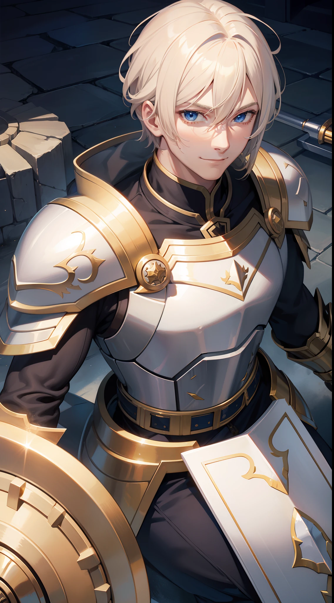 adult man, Blonde hair in a bob, blue eyes, Smile, Beautiful white armor with gold elements, paladin, hammer, shield, Masterpiece, hiquality, 4k, HD, Good detail