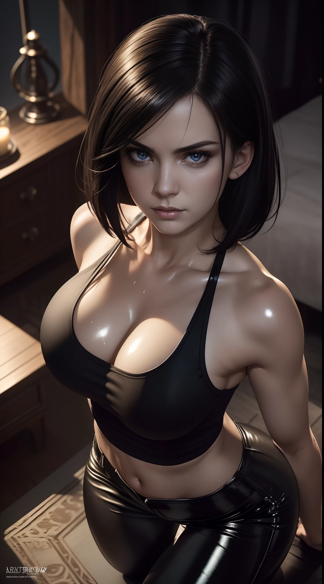 Photorealistic Image of Gorgeous British Female Vampire with Athletic Body, (Shoulder-level Bob Black Hair), (One Person), (Black V-Neck Tanktop and Black Tight Pants:1.4), (Pale Skin:1.4), (Busty Cup Size:1.4), (Detailed Shiny and Sweaty Appearance:1.4), (Serious Face), Deep Cleavage, (Kneeling, Showing her Armpits Pose:1.2), (Dimly Lit Bedroom at Night), Centered, (Full Body Shot), (From Above Shot), Insane Details, Intricate Face Detail, Intricate Hand Details, Cinematic Shot and Lighting, Realistic Colors, Masterpiece, Sharp Focus, Ultra Detailed, Taken with DSLR camera, Realistic Photography, Depth of Field, Incredibly Realistic Environment and Scene, Master Composition and Cinematography