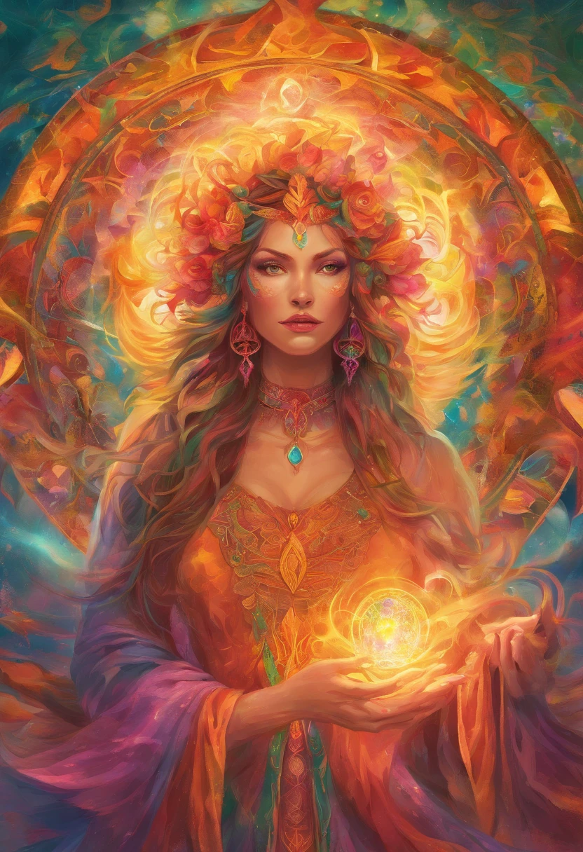 A witch goddess with flowing hair and a glowing halo floating above her head, casting powerful and mesmerizing spells. She has piercing green eyes that are filled with ancient wisdom and a mischievous smile on her lips. Her skin radiates with a golden glow, reflecting her divine power. She is adorned in a flowing robe made of fine silk, adorned with intricate patterns and symbols that represent magic and mysticism. The atmosphere around her is filled with an ethereal mist, sparkling with iridescent colors. The scene is bathed in soft, warm lighting, casting a magical glow on everything around her. The spells she casts form beautiful trails of glowing particles, swirling and dancing in the air. The entire image is of the highest quality, with ultra-detailed features and vibrant colors, creating a mesmerizing masterpiece.