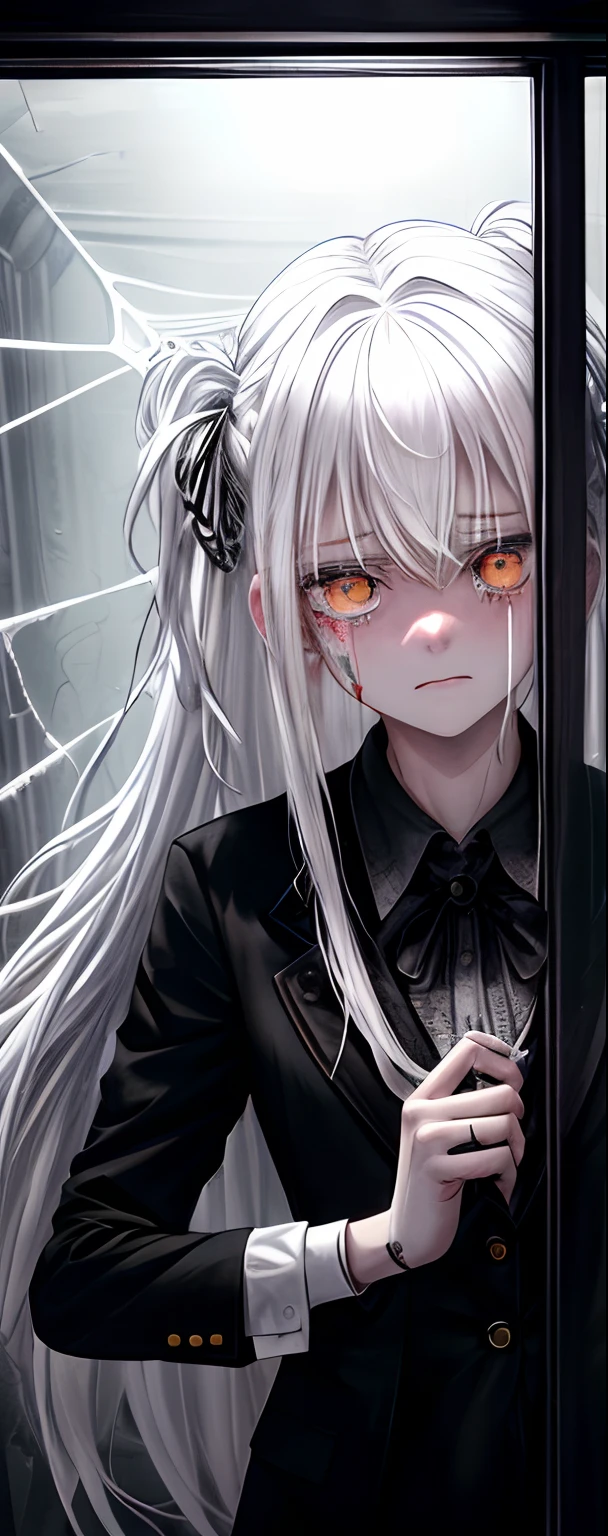 1girll, White hair, White eyes, (teens girl_Shot:1.2), Face focus, Long hair, side locks,Collapsed crying,Extreme panic,After being violated ,Scared,(terrified:1.1) expression, Place one hand behind your back, Atmospheric lighting, Moody, Darkness, In an abandoned old museum, Clear glass display case full of interesting items, Dusty, Post-apocalypse, spiderwebs, masterful, Beautiful 8k wallpaper, Extremely detailed, Intricate,Wear a black and white suit,Broken clothes,Bleeding in the lower body
