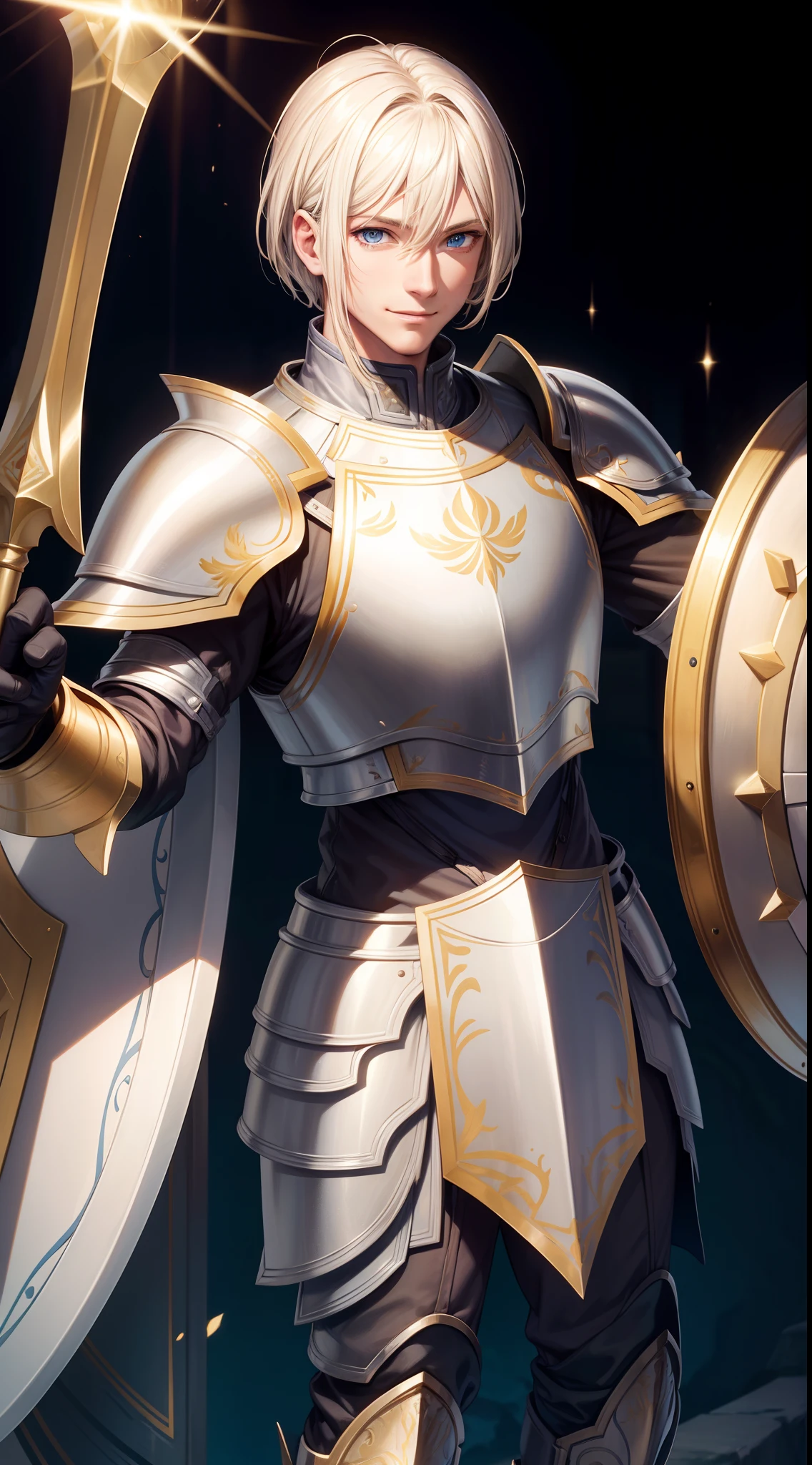 adult man, Blonde hair in a bob, blue eyes, Smile, Beautiful white armor with gold elements, paladin, hammer, shield, Masterpiece, hiquality, 4k, HD, Good detail