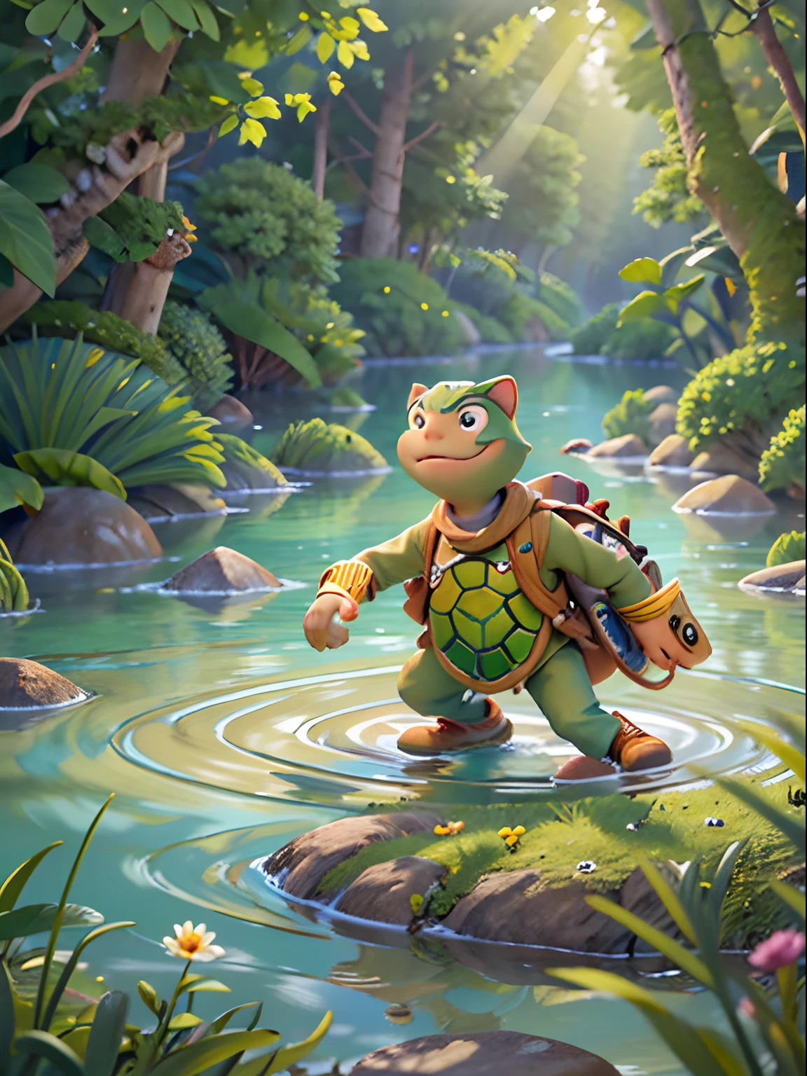 Imagine a captivating artwork that portrays Tommy, the brave and curious turtle, as he takes his first bold steps into the unknown. Illustrate the scene of Tommy wading through the crystal-clear river, with the sunlight casting a warm glow on the surrounding landscape. Show his determination and courage shining through as he begins his journey, leaving behind ripples in the water as a symbol of his forward momentum. Convey a sense of excitement and anticipation as Tommy ventures further into the unexplored, inviting the audience to join him on this thrilling exploration of new possibilities, in cartoon style