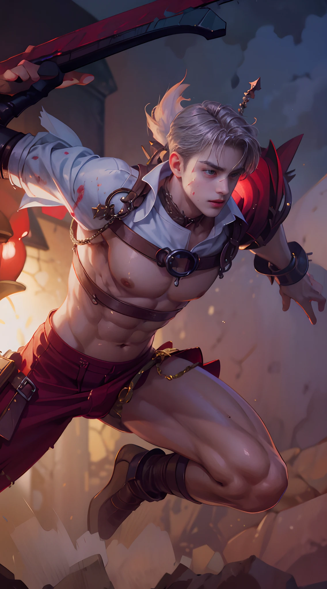 (absurderes, A high resolution, Ultra detailed, hdr), Masterpiece, Best quality, Portrait of a boy, Handsome boy with red eyes, Detailed face, Professional photo, The Arafards went into battle shirtless, legs are open,Lie comfortably， (puffynipple(From below:1.1)), Focus on your audience,18 year old boy, Handsome boy, [ well-defined body ]，Abs，chest muscle，large bulge，In the grottoes，Wrap the rope around the upper body(A rope is tied to the body！Cord！），Raised sexy，wounded(Local bleeding！)