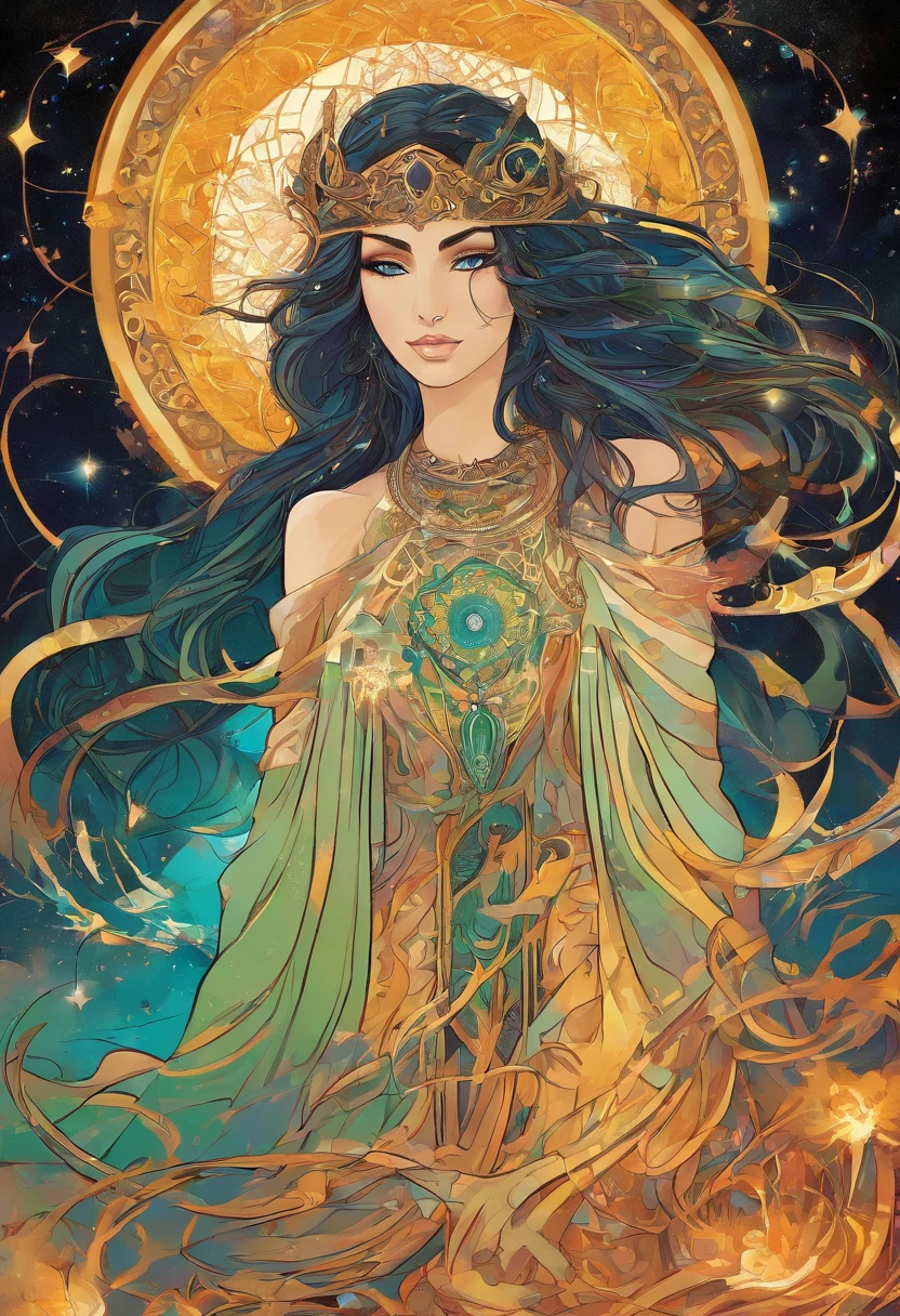 A witch goddess with flowing hair and a glowing halo floating above her head, casting powerful and mesmerizing spells. She has piercing green eyes that are filled with ancient wisdom and a mischievous smile on her lips. Her skin radiates with a golden glow, reflecting her divine power. She is adorned in a flowing robe made of fine silk, adorned with intricate patterns and symbols that represent magic and mysticism. The atmosphere around her is filled with an ethereal mist, sparkling with iridescent colors. The scene is bathed in soft, warm lighting, casting a magical glow on everything around her. The spells she casts form beautiful trails of glowing particles, swirling and dancing in the air. The entire image is of the highest quality, with ultra-detailed features and vibrant colors, creating a mesmerizing masterpiece.