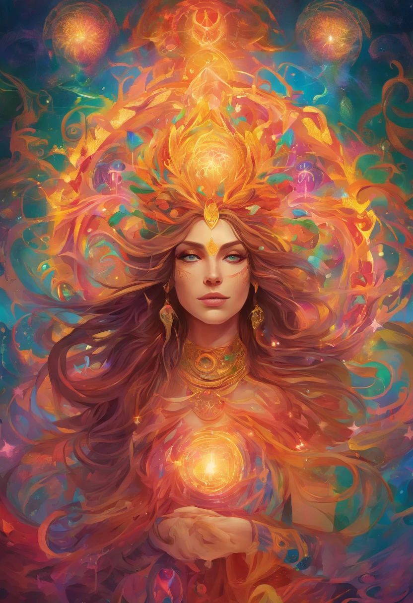 A witch goddess with flowing hair and a glowing halo floating above her head, casting powerful and mesmerizing spells. She has piercing green eyes that are filled with ancient wisdom and a mischievous smile on her lips. Her skin radiates with a golden glow, reflecting her divine power. She is adorned in a flowing robe made of fine silk, adorned with intricate patterns and symbols that represent magic and mysticism. The atmosphere around her is filled with an ethereal mist, sparkling with iridescent colors. The scene is bathed in soft, warm lighting, casting a magical glow on everything around her. The spells she casts form beautiful trails of glowing particles, swirling and dancing in the air. The entire image is of the highest quality, with ultra-detailed features and vibrant colors, creating a mesmerizing masterpiece.