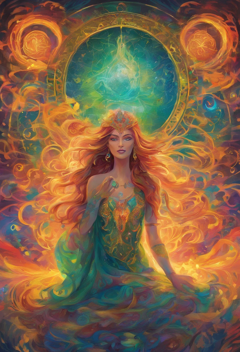 A witch goddess with flowing hair and a glowing halo floating above her head, casting powerful and mesmerizing spells. She has piercing green eyes that are filled with ancient wisdom and a mischievous smile on her lips. Her skin radiates with a golden glow, reflecting her divine power. She is adorned in a flowing robe made of fine silk, adorned with intricate patterns and symbols that represent magic and mysticism. The atmosphere around her is filled with an ethereal mist, sparkling with iridescent colors. The scene is bathed in soft, warm lighting, casting a magical glow on everything around her. The spells she casts form beautiful trails of glowing particles, swirling and dancing in the air. The entire image is of the highest quality, with ultra-detailed features and vibrant colors, creating a mesmerizing masterpiece.