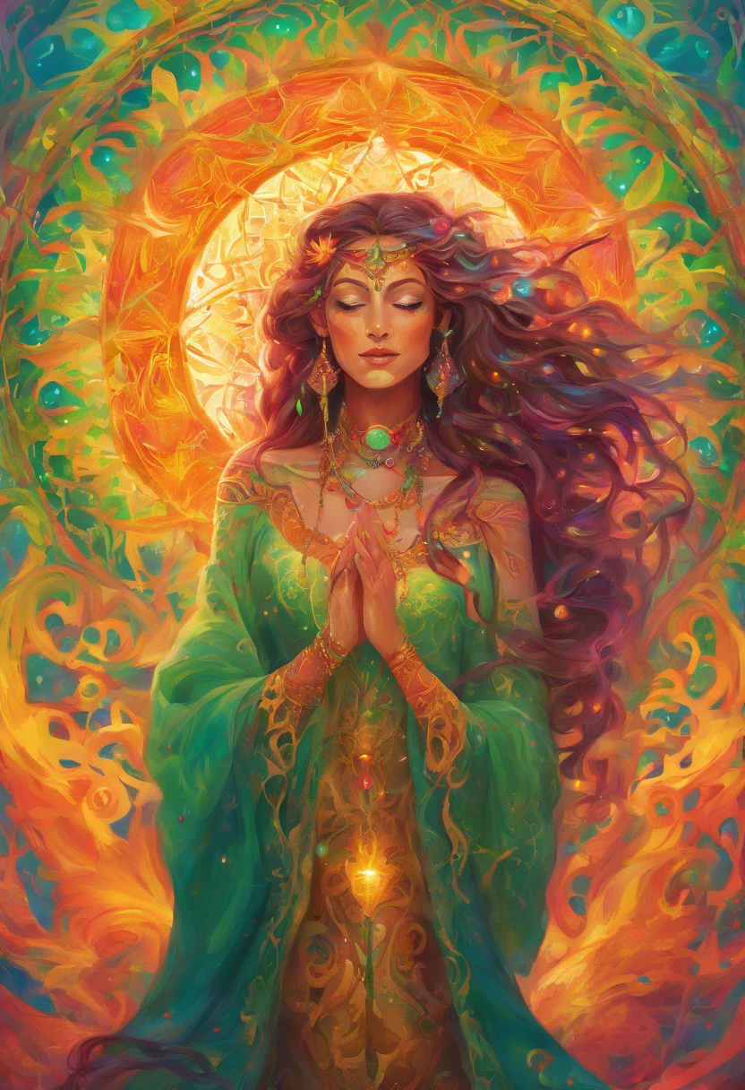 A witch goddess with flowing hair and a glowing halo floating above her head, casting powerful and mesmerizing spells. She has piercing green eyes that are filled with ancient wisdom and a mischievous smile on her lips. Her skin radiates with a golden glow, reflecting her divine power. She is adorned in a flowing robe made of fine silk, adorned with intricate patterns and symbols that represent magic and mysticism. The atmosphere around her is filled with an ethereal mist, sparkling with iridescent colors. The scene is bathed in soft, warm lighting, casting a magical glow on everything around her. The spells she casts form beautiful trails of glowing particles, swirling and dancing in the air. The entire image is of the highest quality, with ultra-detailed features and vibrant colors, creating a mesmerizing masterpiece.