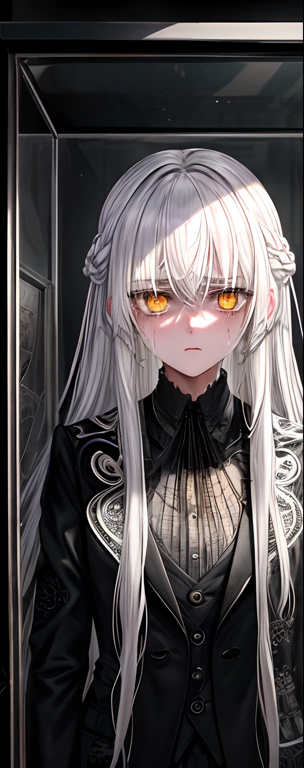 1girll, White hair, Golden eyes, (teens girl_Shot:1.2), Face focus, Long hair, side locks,Collapsed crying，Extreme panic，After being violated ，Scared,(terrified:1.1) expression, Place one hand behind your back, Atmospheric lighting, Moody, Darkness, In an abandoned old museum, Clear glass display case full of interesting items, Dusty, Post-apocalypse, spiderwebs, masterful, Beautiful 8k wallpaper, Extremely detailed, Intricate，Wear a black and white suit，Broken clothes，Bleeding in the lower body
