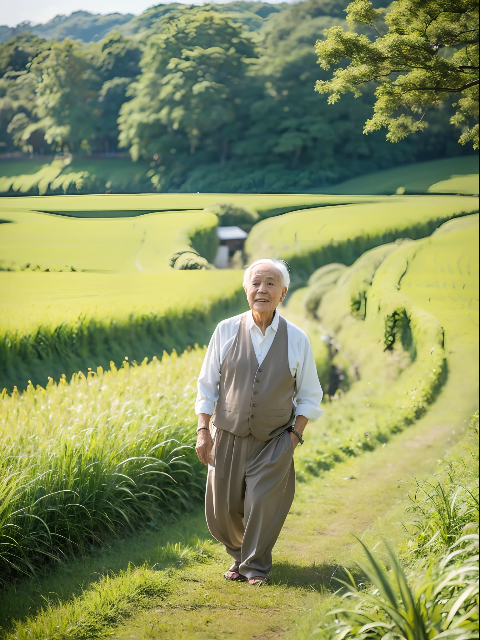​masterpiece、top-quality、1 male、Grandpa、70yo、japanes、Rice field background
