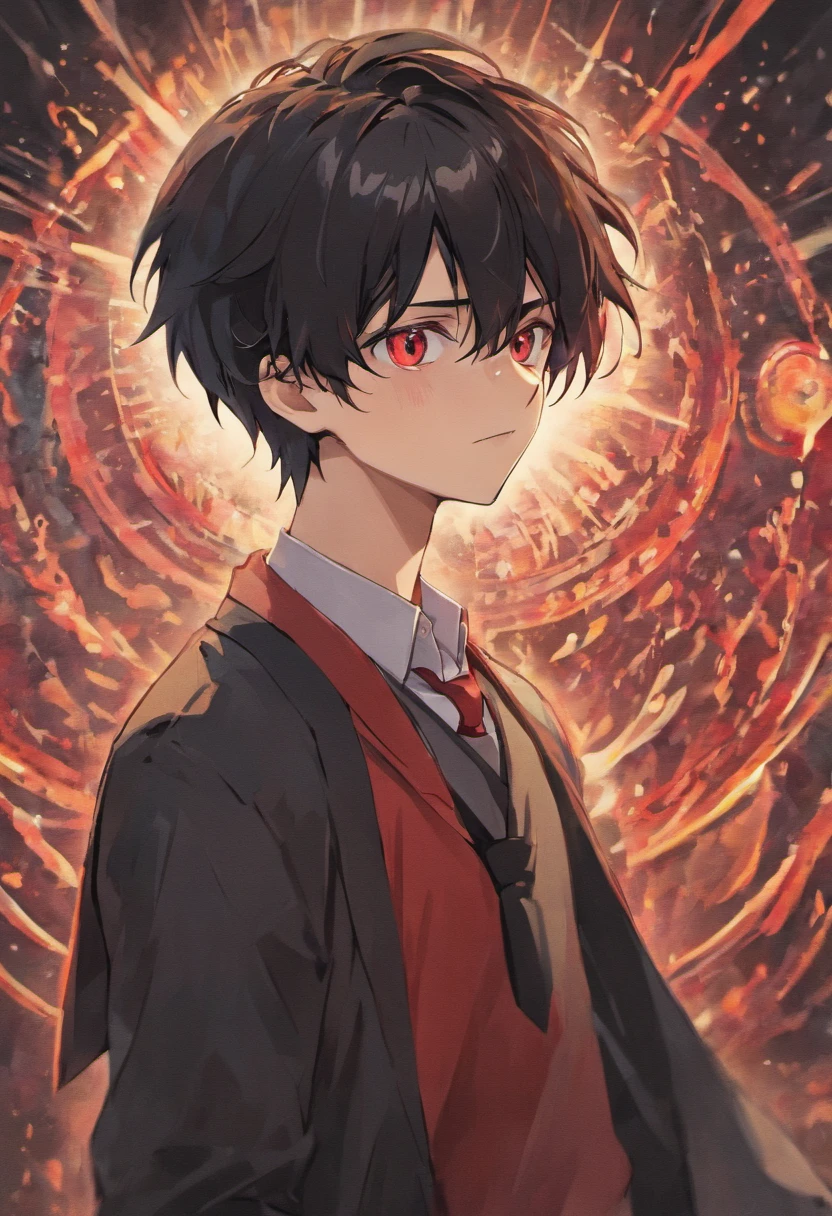 anime boy, black hair, red eye,Wearing school uniform, handsome, cool